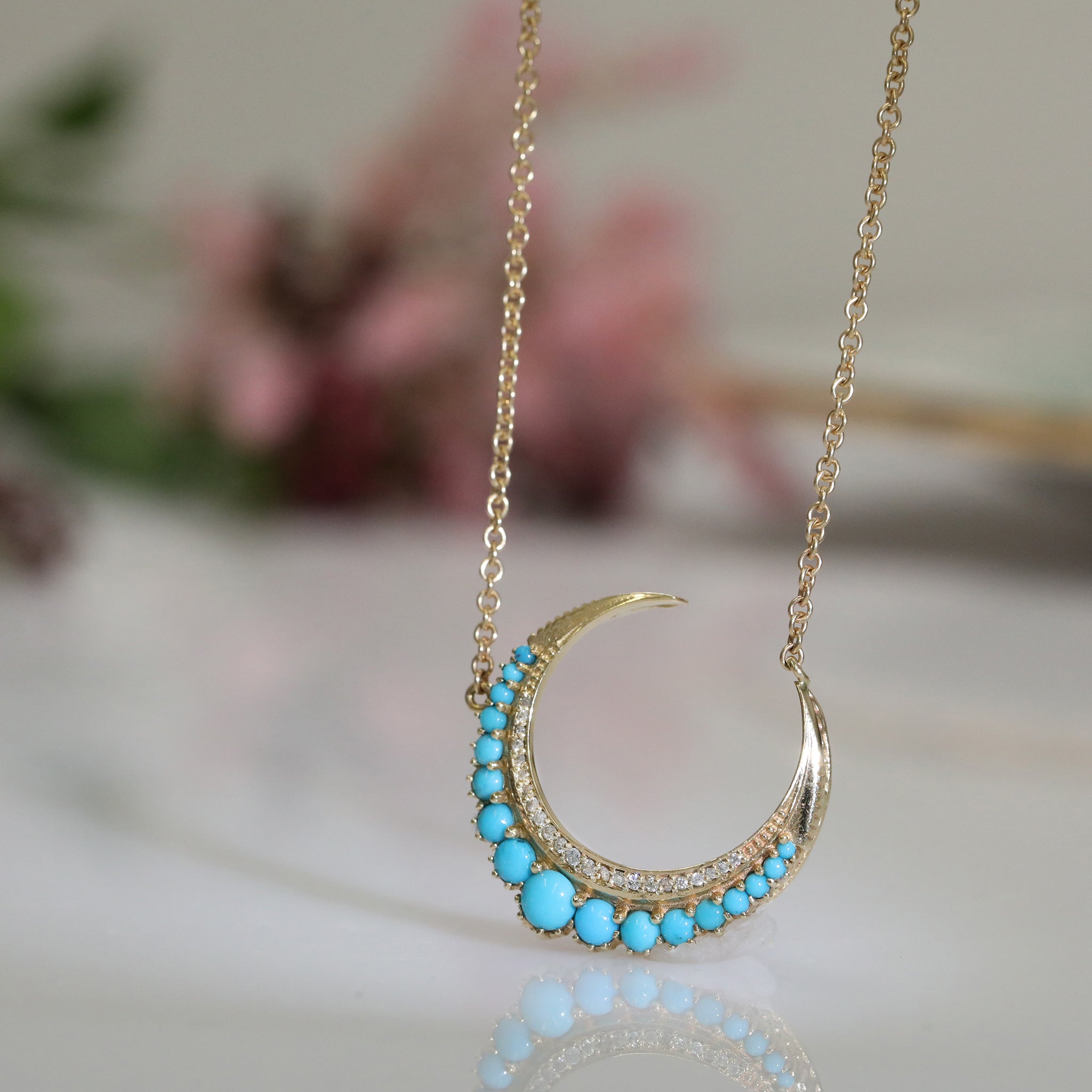 14K Crescent Moon Necklace with Turquoise and Diamonds - Peridot Fine Jewelry - Jacquie Aiche