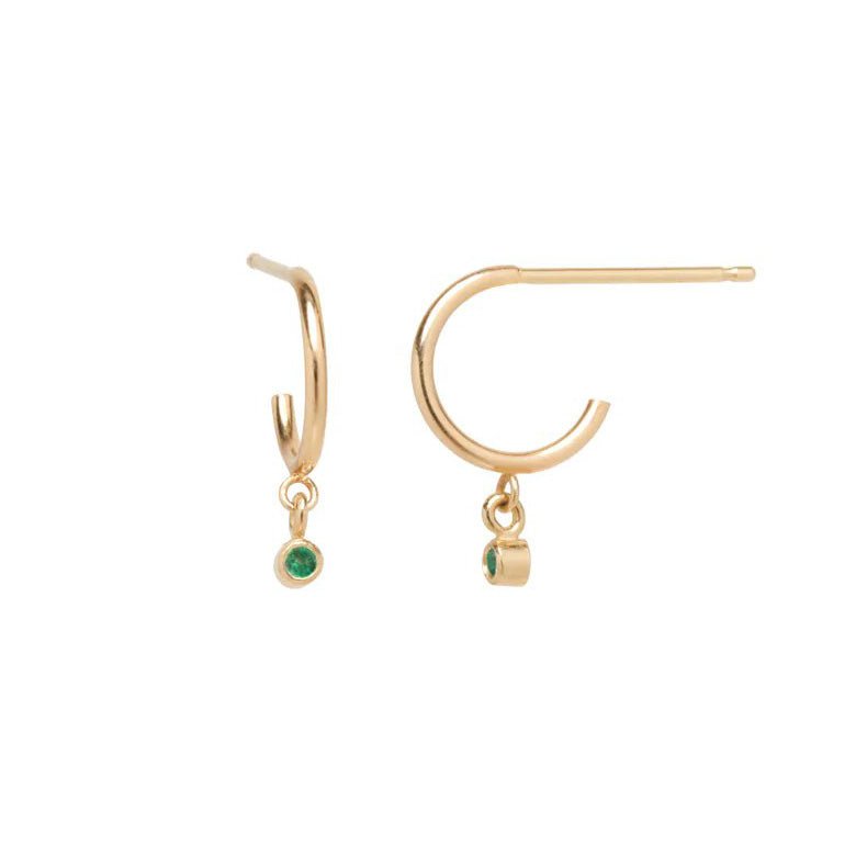 14K Gold and Bezel-Set Emerald Tiny Huggie Hoop Earrings - Peridot Fine Jewelry - Zoe Chicco