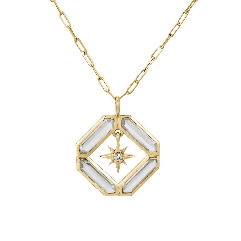 14K Gold &quot;Astra Journey&quot; Square Quartz Necklace with Diamond Star Center - Peridot Fine Jewelry - Metier by Tomfoolery