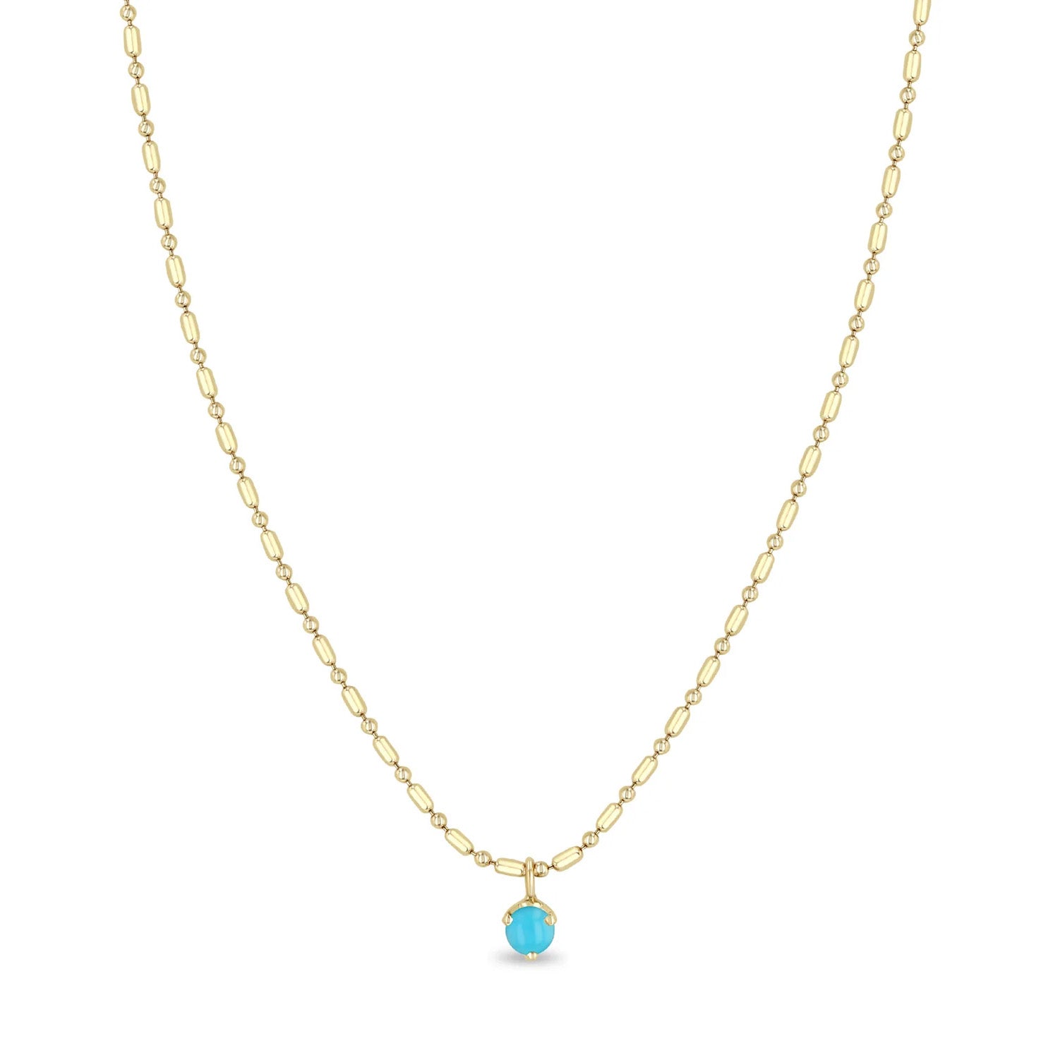 14K Gold Bar Chain Neckace with Single Prong-Set Turquoise Drop - Peridot Fine Jewelry - Zoe Chicco