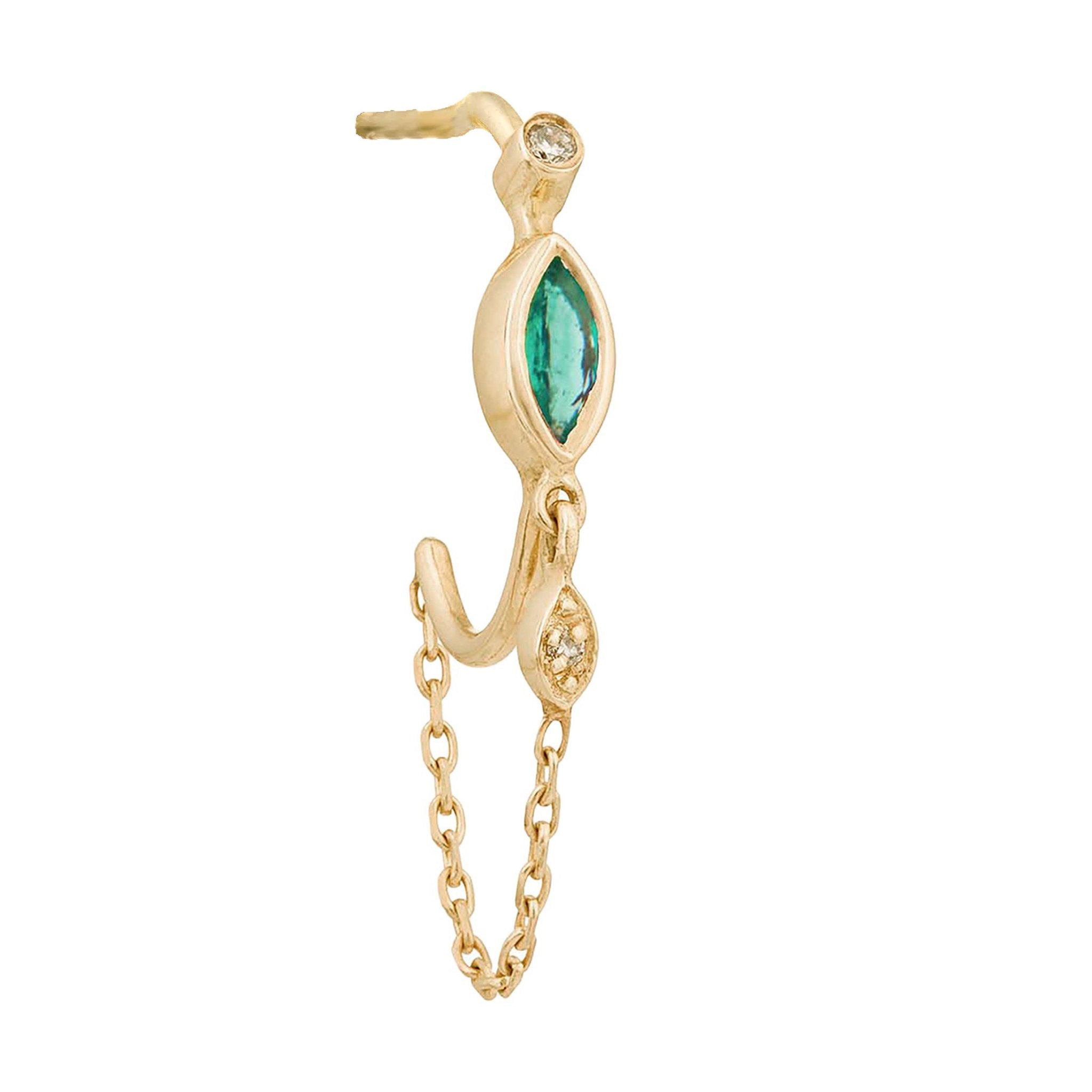 14K Gold Bezel-Set Marquise Emerald Hoop Earrings with Chain Drop - Peridot Fine Jewelry - Celine Daoust