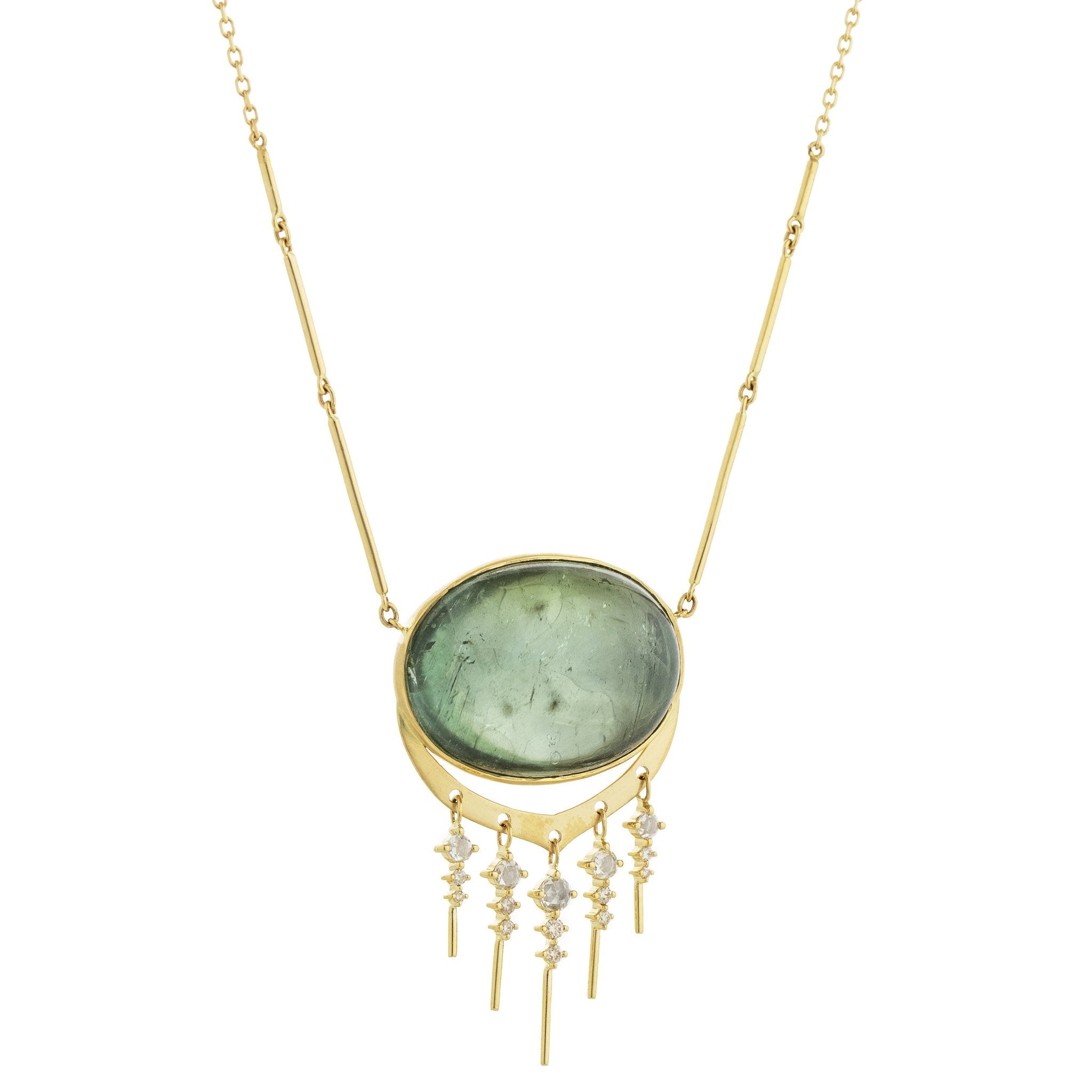 14K Gold Cabochon Oval Green Tourmaline Necklace with Diamond &quot;Fringe&quot; - Peridot Fine Jewelry - Celine Daoust