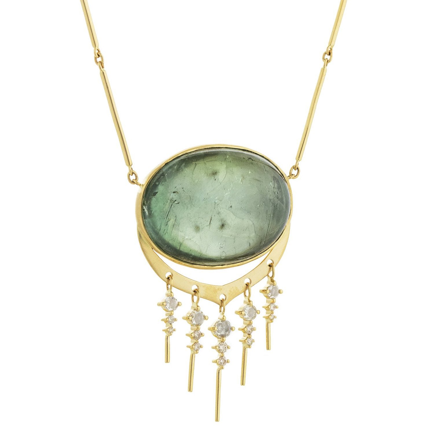 14K Gold Cabochon Oval Green Tourmaline Necklace with Diamond "Fringe" - Peridot Fine Jewelry - Celine Daoust