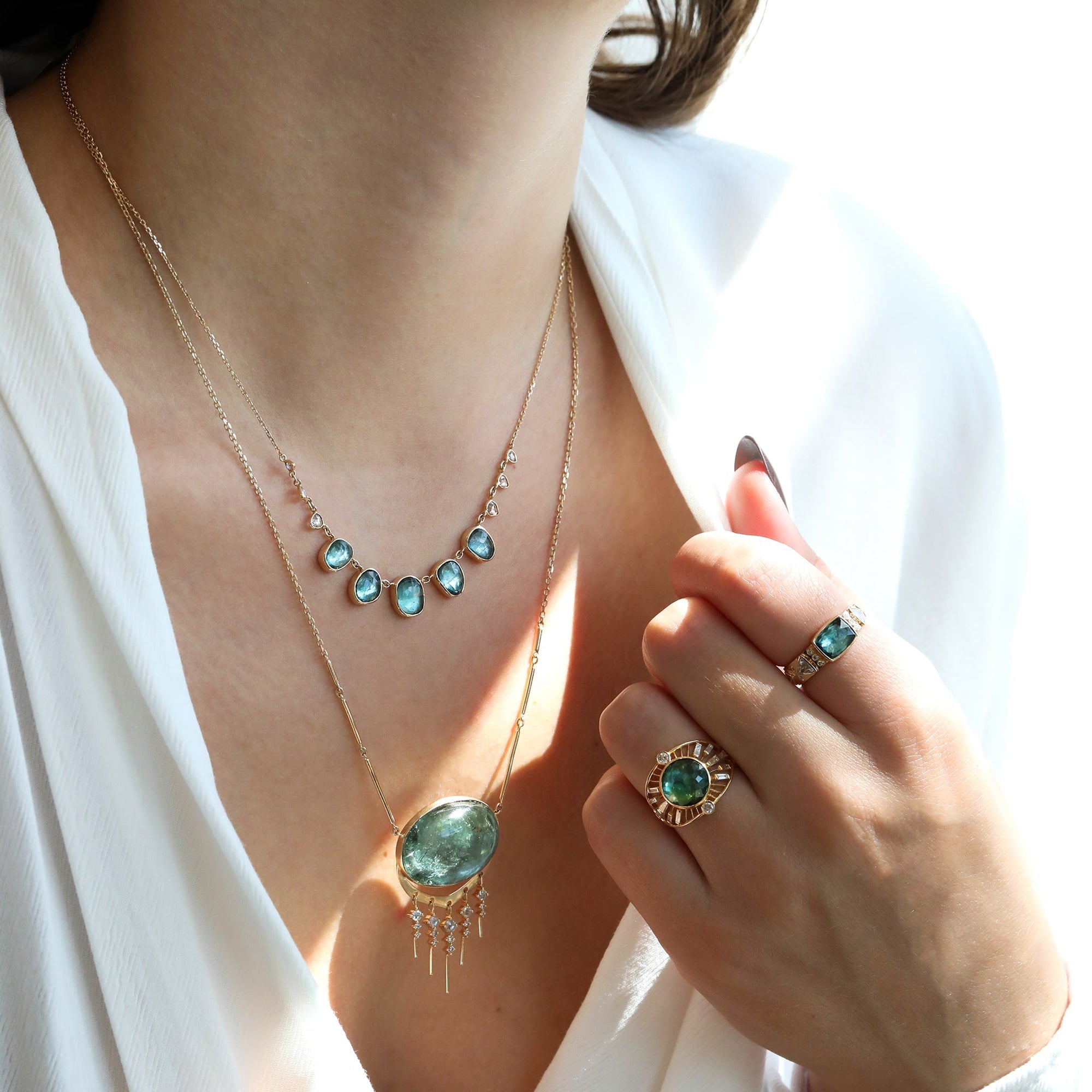14K Gold Cabochon Oval Green Tourmaline Necklace with Diamond "Fringe" - Peridot Fine Jewelry - Celine Daoust