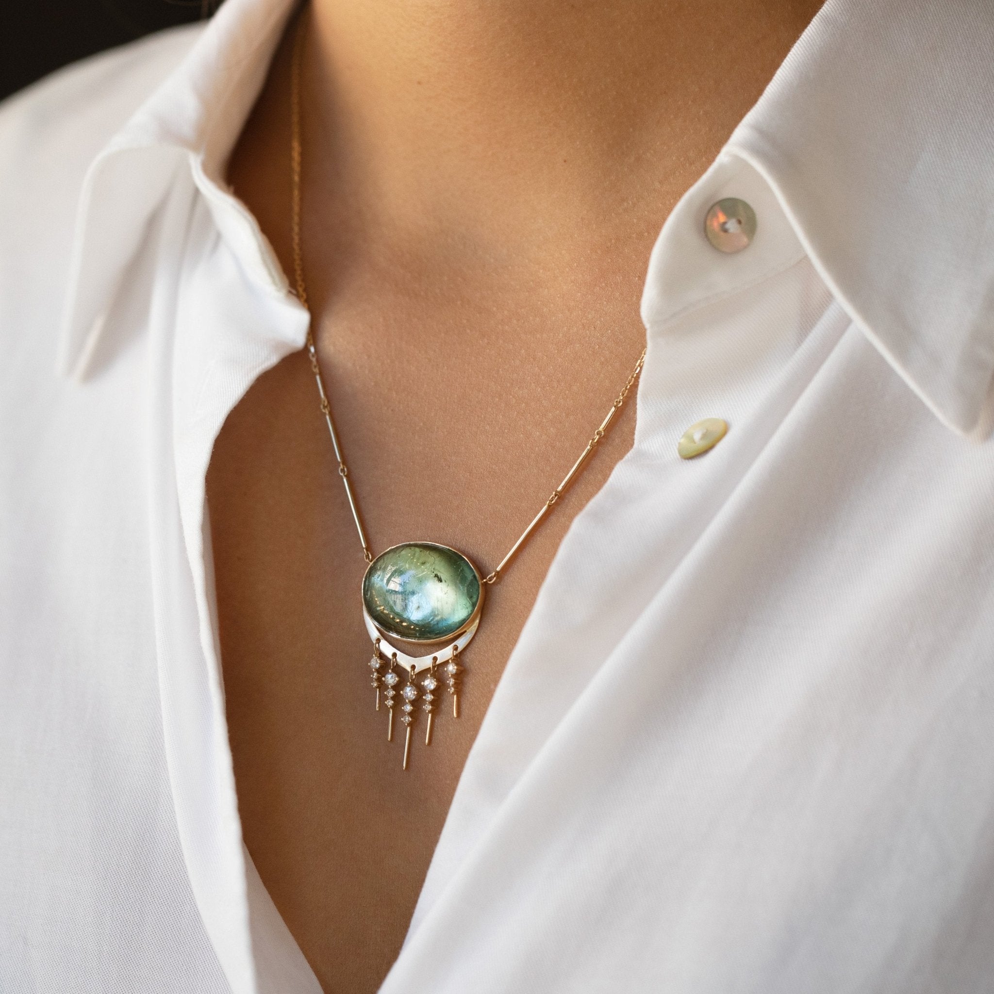 14K Gold Cabochon Oval Green Tourmaline Necklace with Diamond "Fringe" - Peridot Fine Jewelry - Celine Daoust