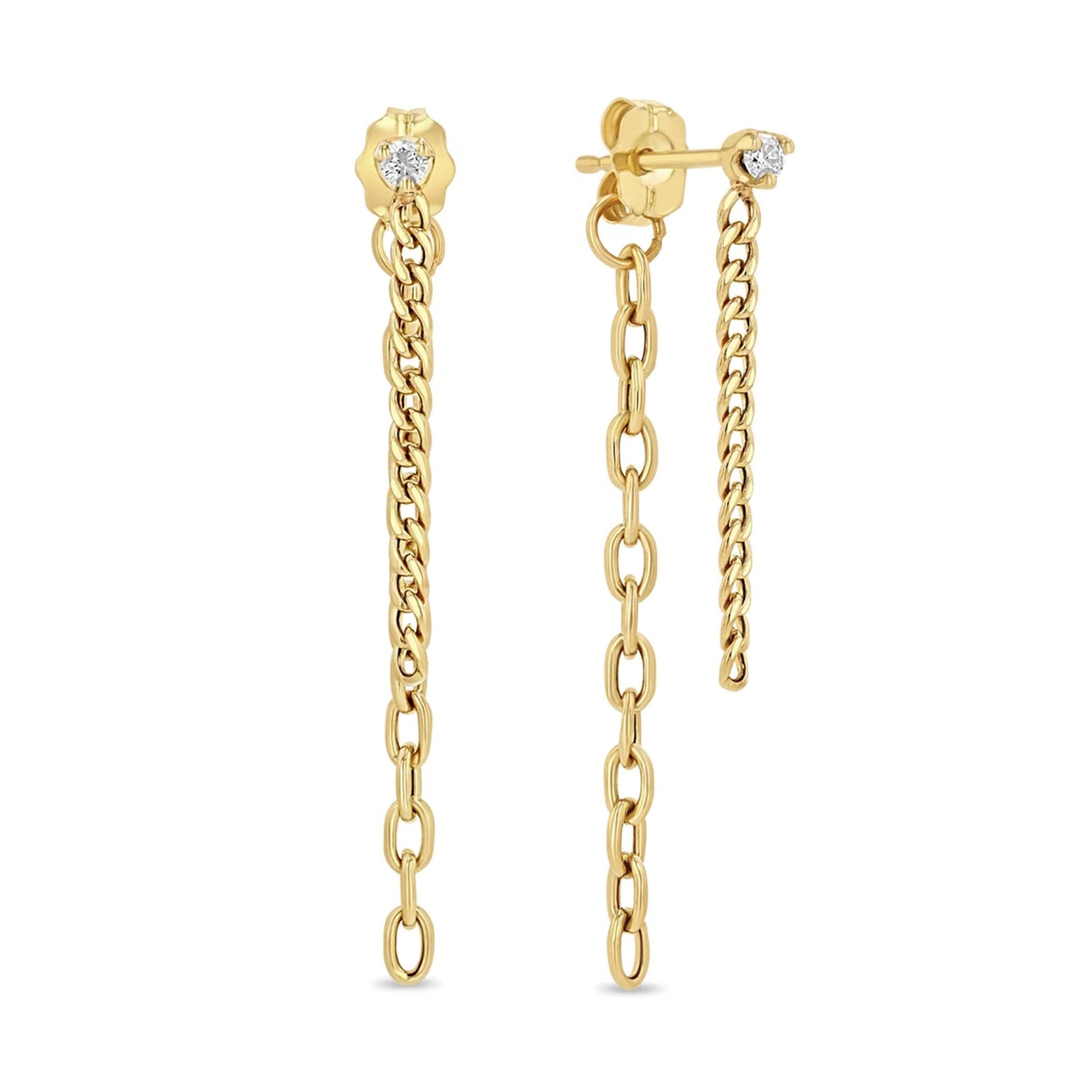 14K Gold Diamond Studs with Front &amp; Back Chain Drops - Peridot Fine Jewelry - Zoe Chicco