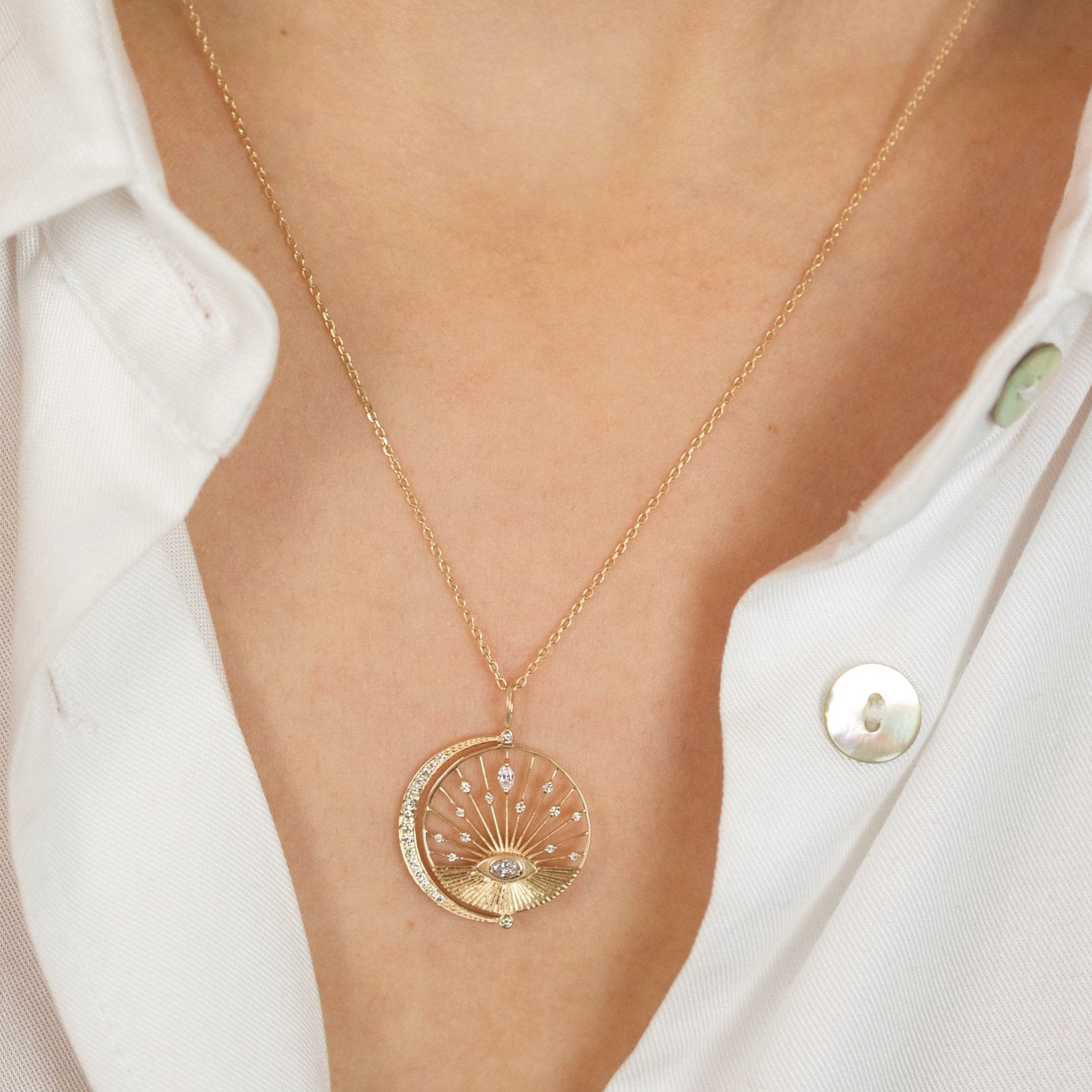 14K Gold "Dream Maker" Necklace with Pave Diamond Crescent - Peridot Fine Jewelry - Celine Daoust