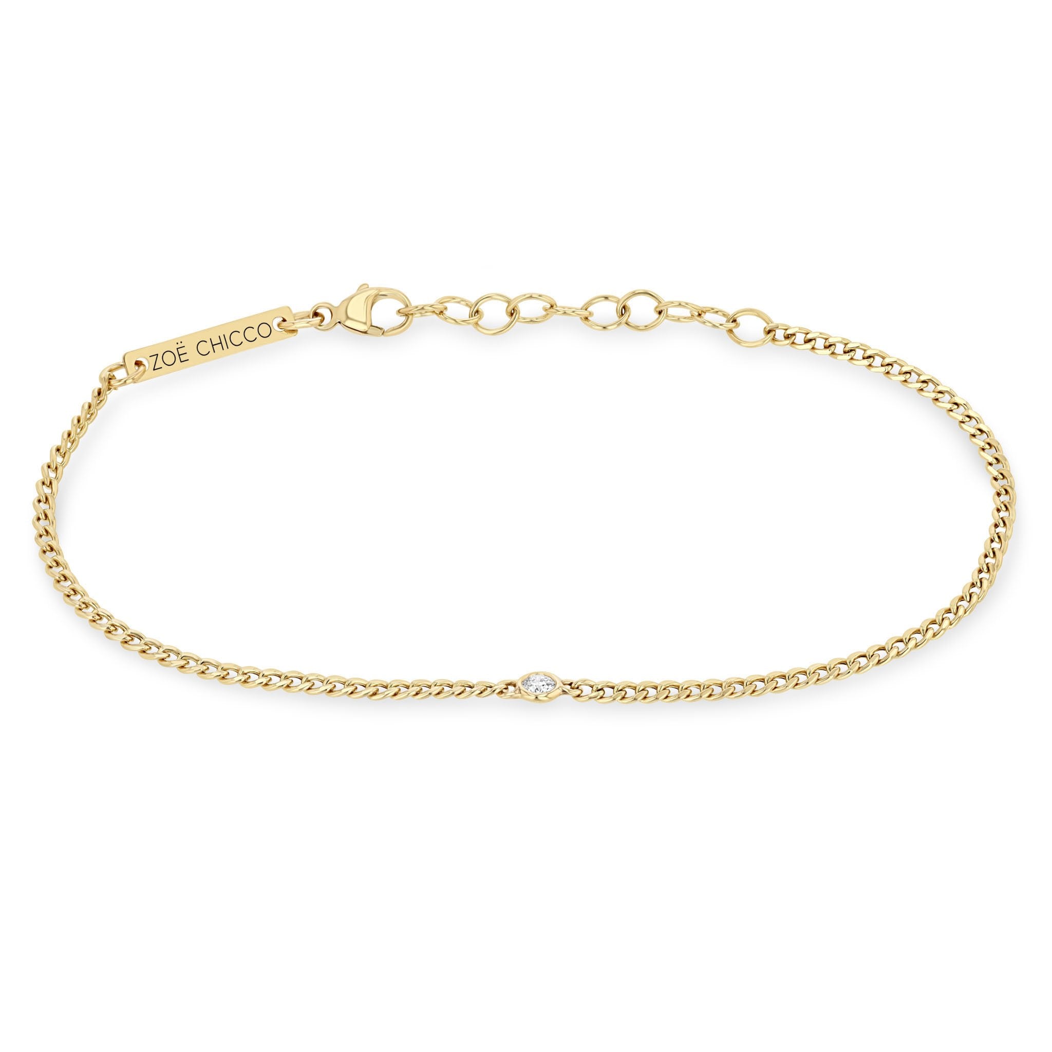 14K Gold Extra Small Curb Chain Bracelet with Single Diamond - Peridot Fine Jewelry - Zoe Chicco