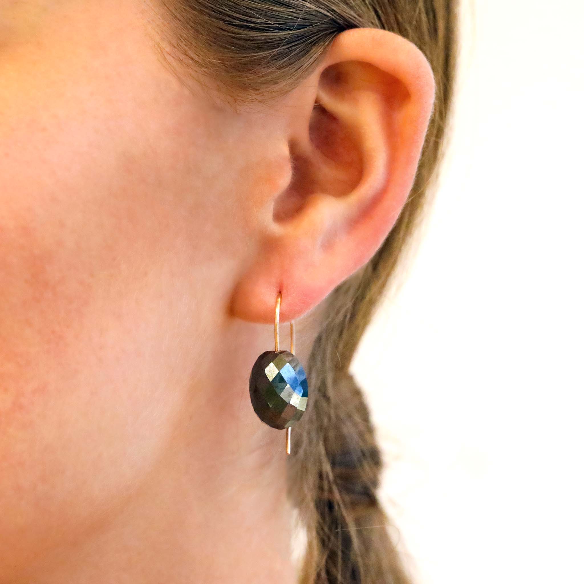 14K Gold Faceted Hematite Oval Drop Earrings - Peridot Fine Jewelry - Rosanne Pugliese