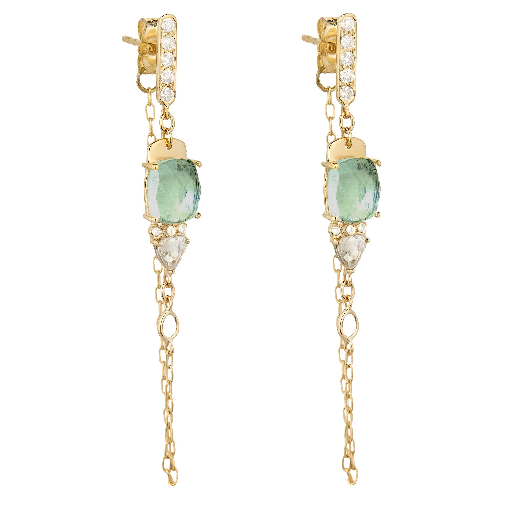 14K Gold Front-to-Back Chain Earrings with Rosecut Green Tourmalines - Peridot Fine Jewelry - Celine Daoust