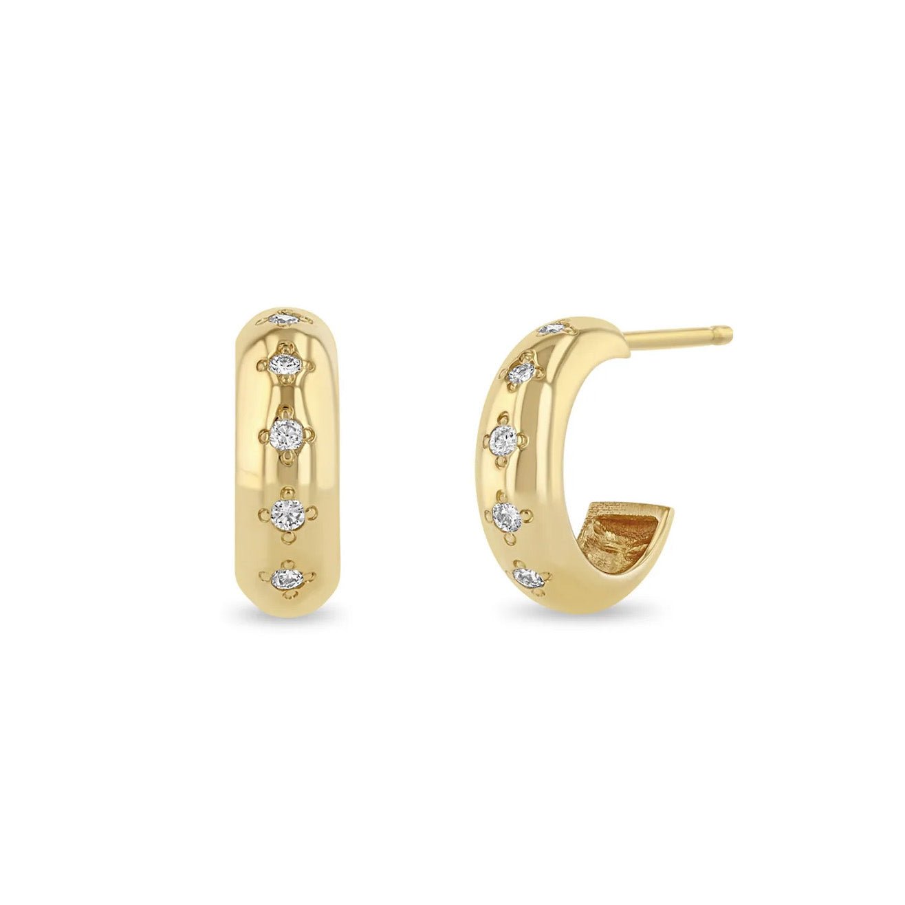 14K Gold Half-Round Huggie Hoops with 5 Bead-Set Diamonds - Peridot Fine Jewelry - Zoe Chicco