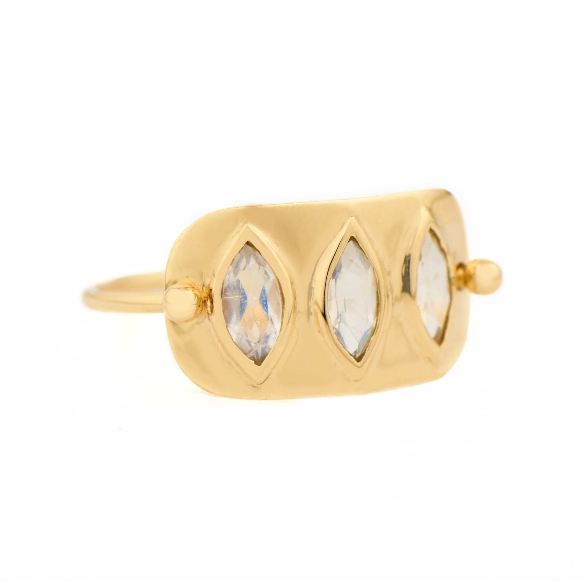 14K Gold High Polish &quot;Plate&quot; Ring with Three Marquise Moonstones - Peridot Fine Jewelry - Celine Daoust
