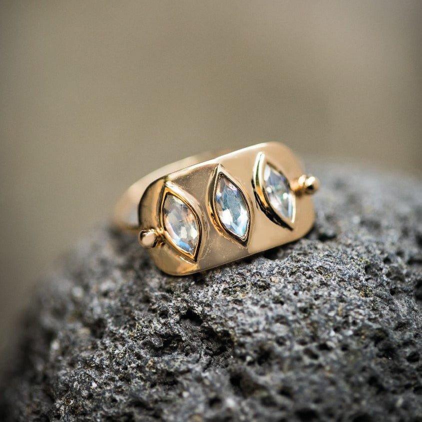 14K Gold High Polish &quot;Plate&quot; Ring with Three Marquise Moonstones - Peridot Fine Jewelry - Celine Daoust