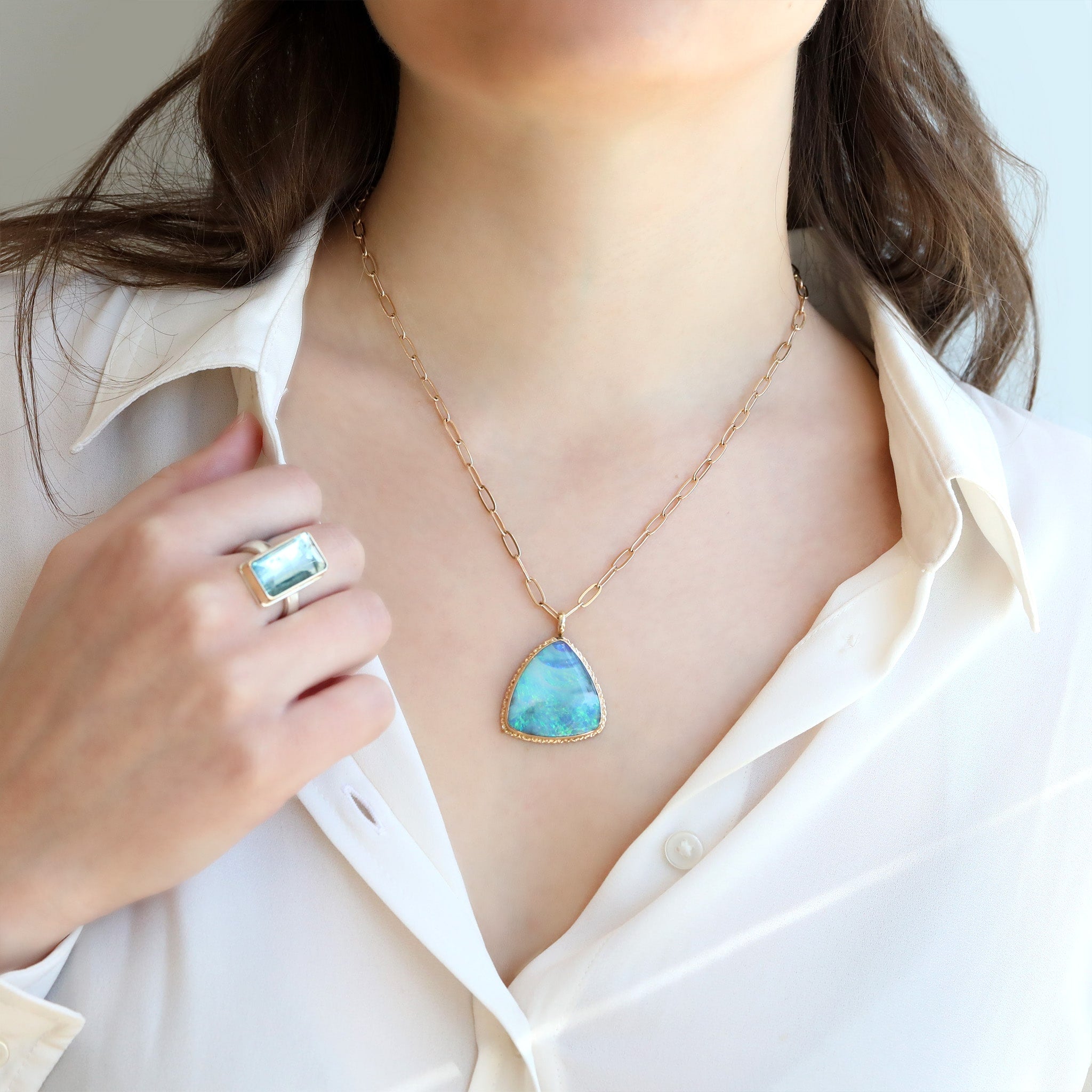 14K Gold Large Triangular Boulder Opal Necklace - Peridot Fine Jewelry - Jamie Joseph