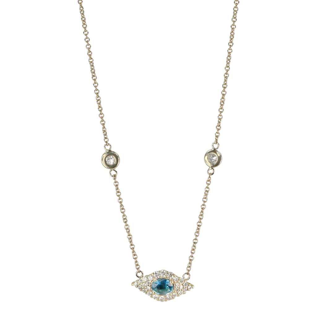 14K Gold Oval Teal Kyanite &amp; Pave Diamond Marquise Eye Necklace with Diamonds - Peridot Fine Jewelry - Jacquie Aiche