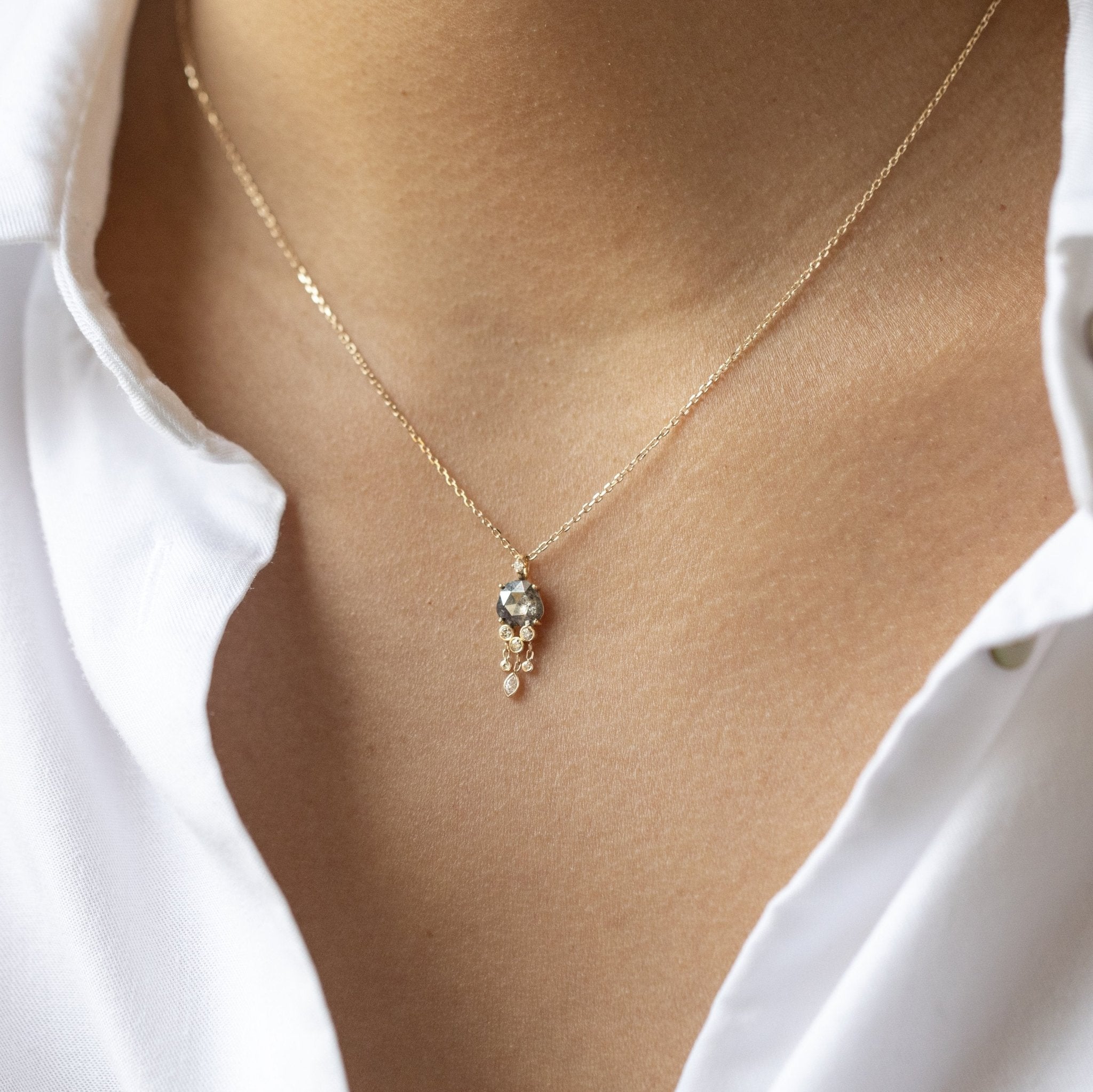14K Gold Prong-Set Grey Diamond &quot;Jellyfish&quot; Necklace - Peridot Fine Jewelry - Celine Daoust