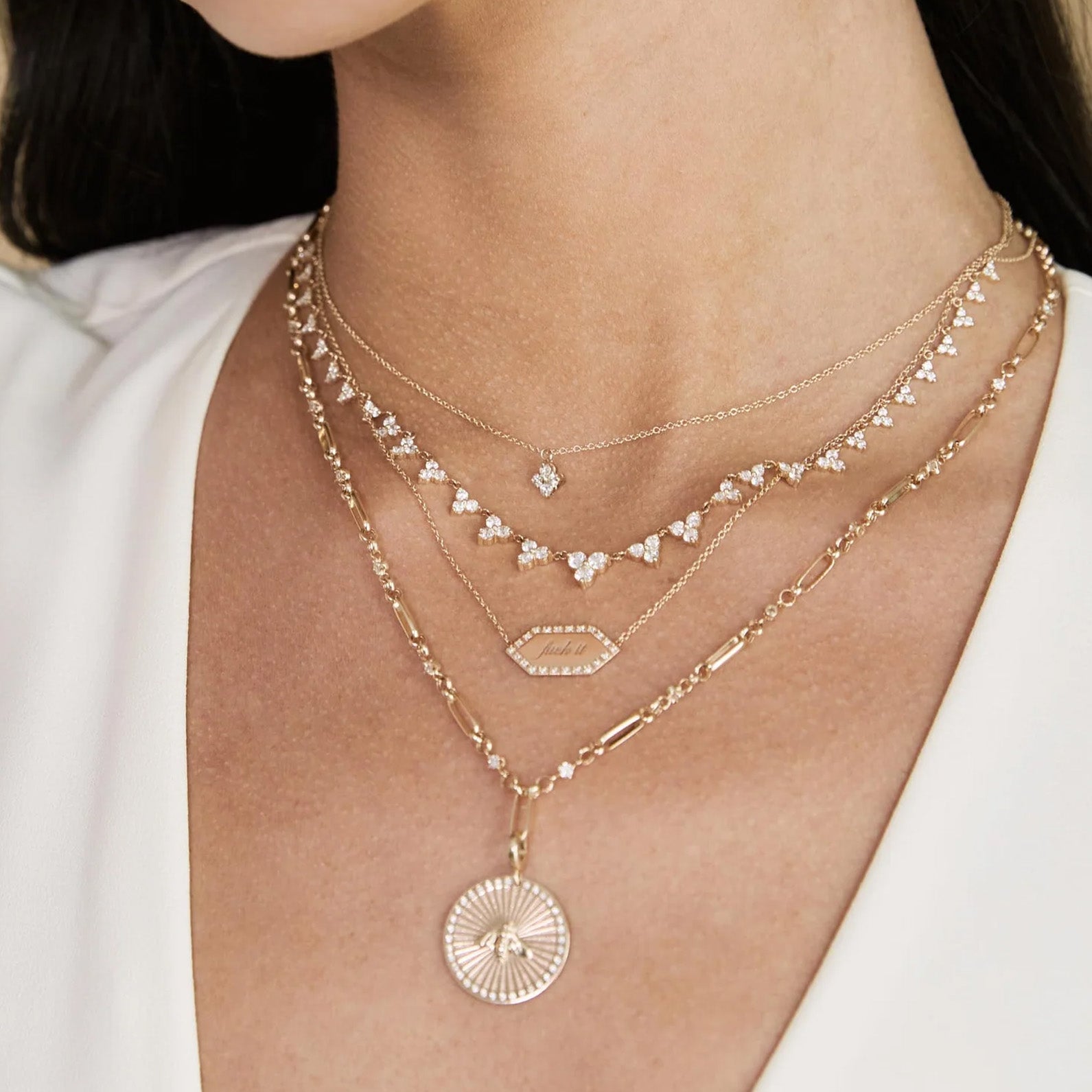 14K Gold &quot;Quad&quot; Necklace with Four Prong-Set Diamonds - Peridot Fine Jewelry - Zoe Chicco
