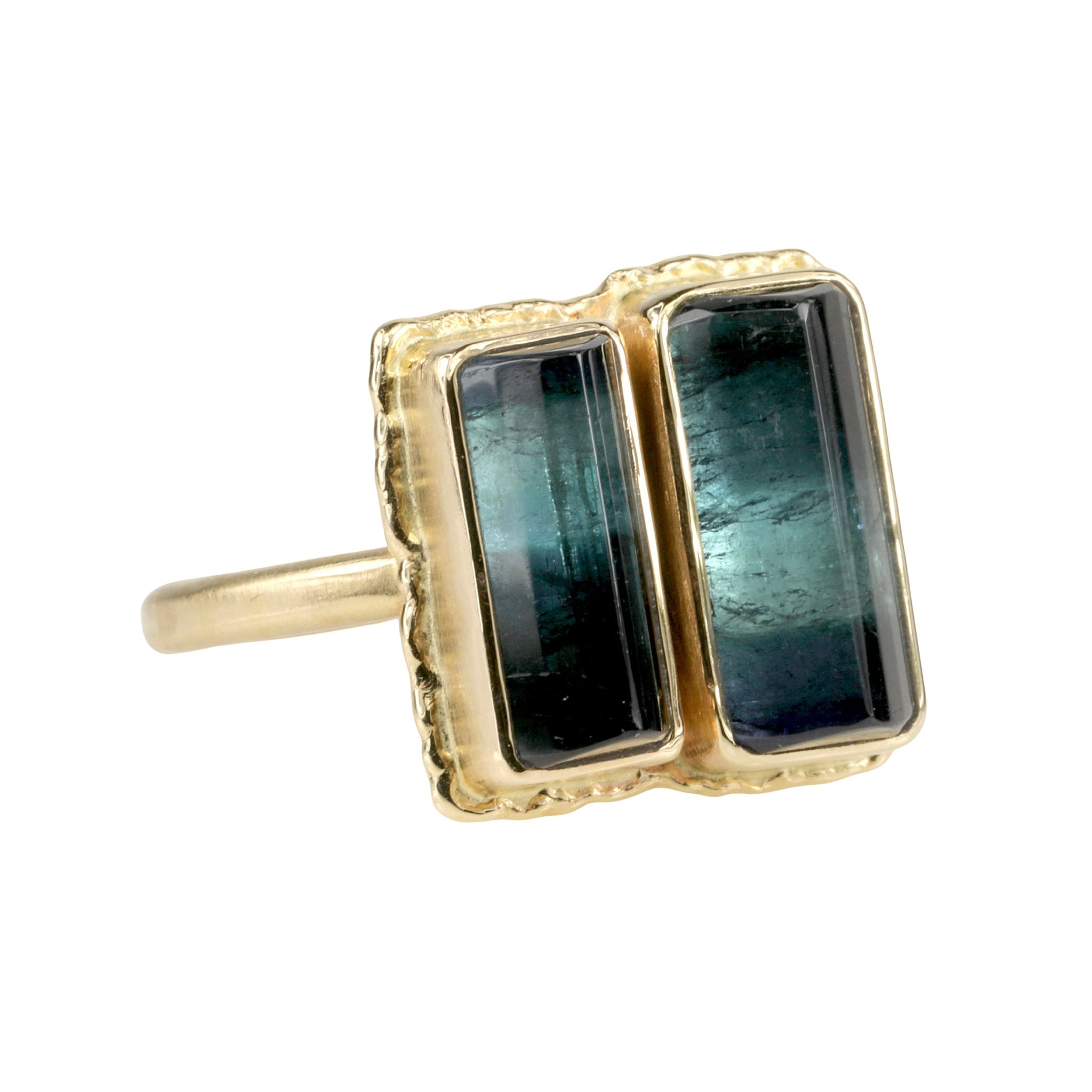 14K Gold Rectangular Double Blue-Green Tourmaline Ring - Peridot Fine Jewelry - Jamie Joseph