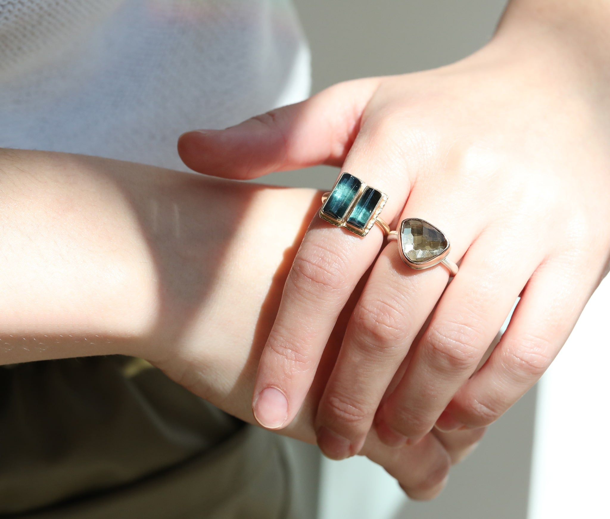 14K Gold Rectangular Double Blue-Green Tourmaline Ring - Peridot Fine Jewelry - Jamie Joseph