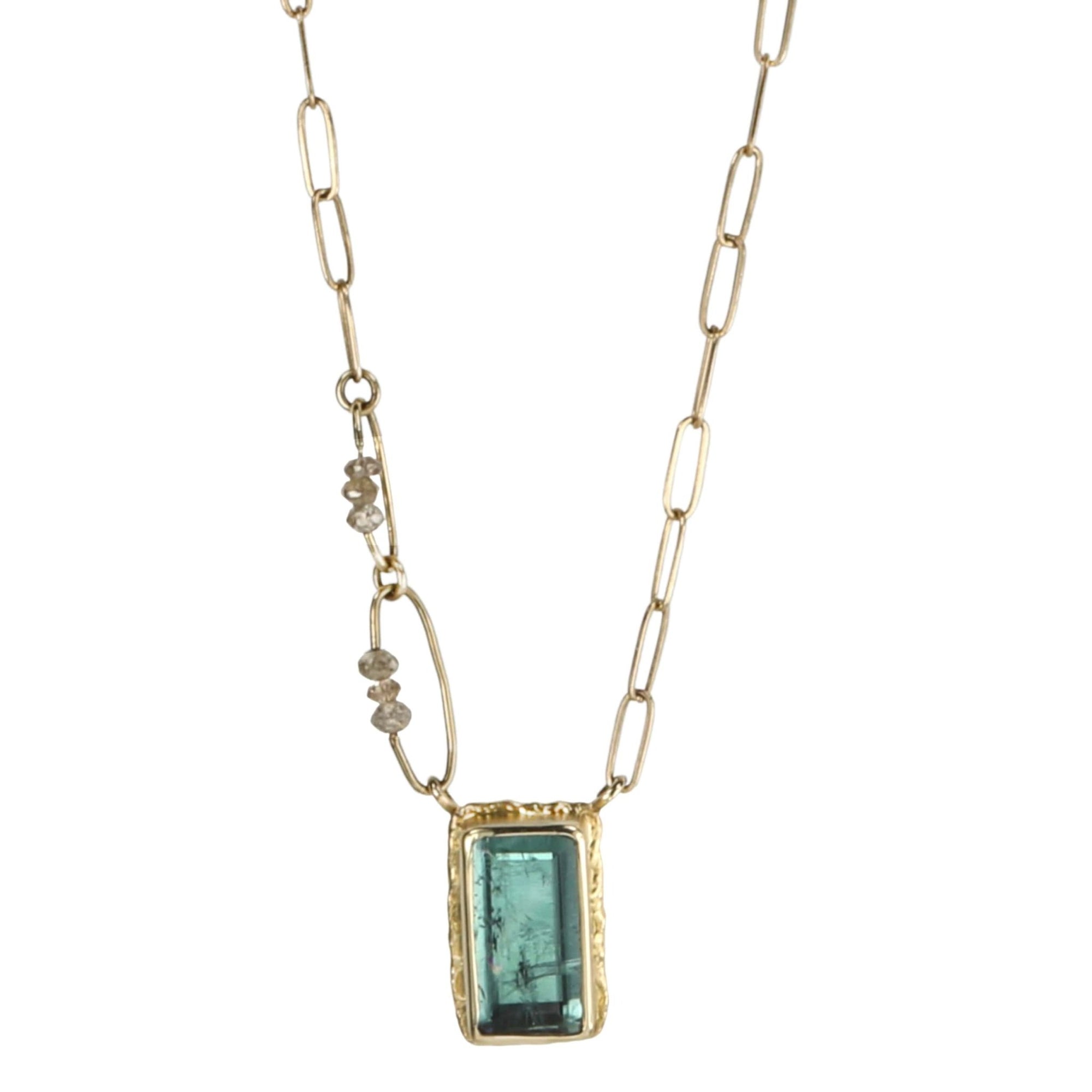 14K Gold Rectangular Indicolite Necklace with Diamonds - Peridot Fine Jewelry - Jamie Joseph