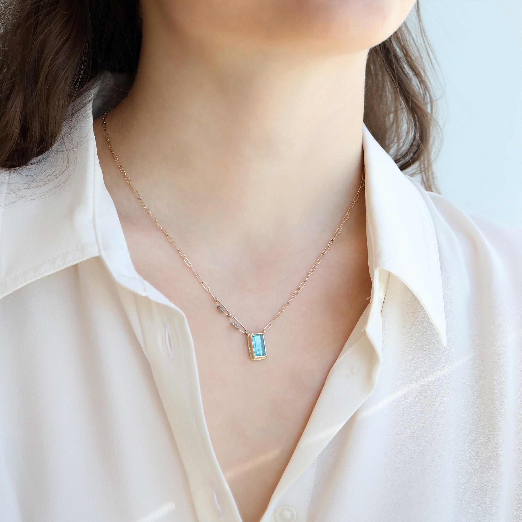 14K Gold Rectangular Indicolite Necklace with Diamonds - Peridot Fine Jewelry - Jamie Joseph