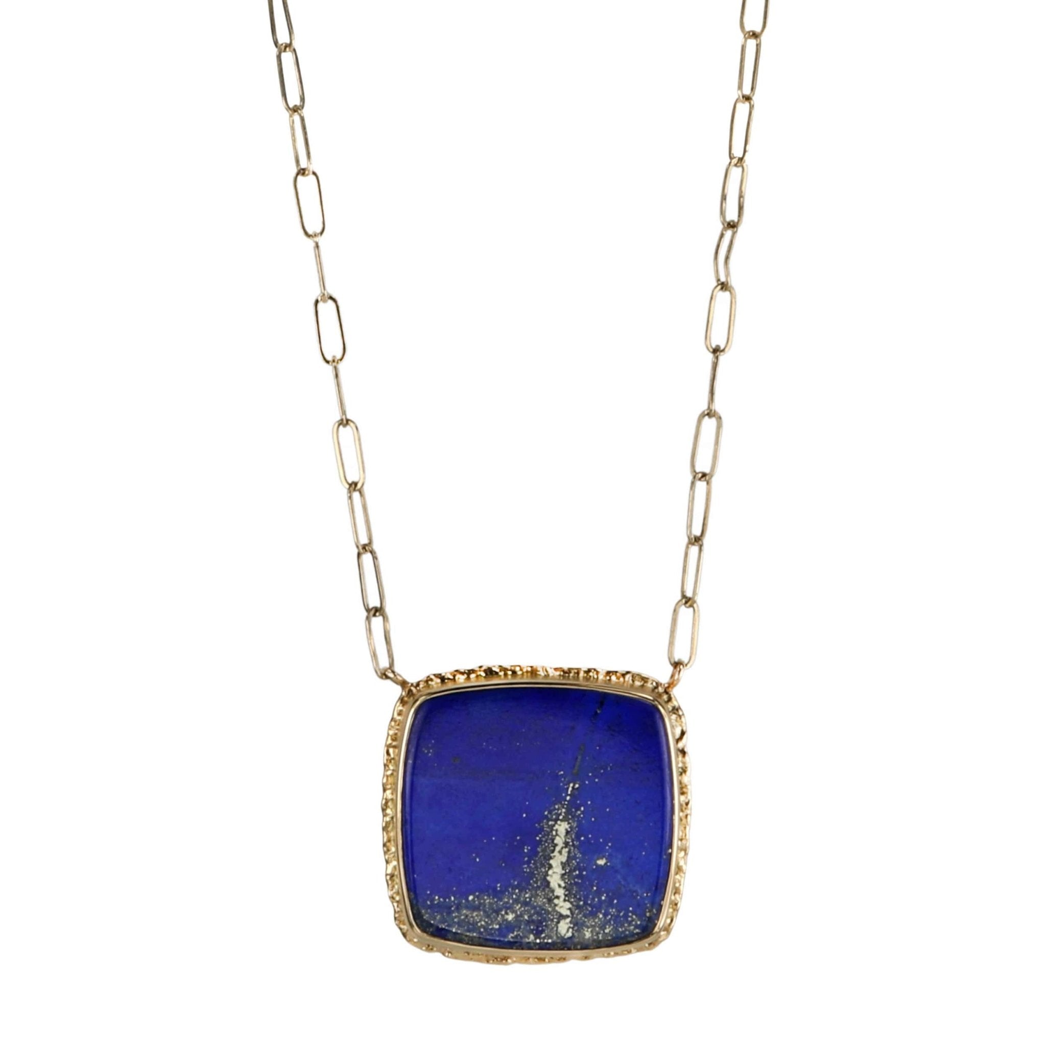 14K Gold Ruffled Bezel-Set Square Lapis Necklace - Peridot Fine Jewelry - Jamie Joseph
