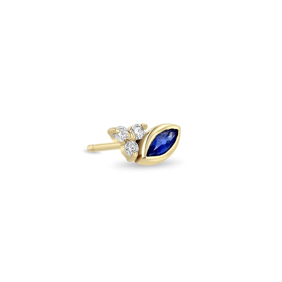 14K Gold Stud Earring With Marquise Blue Sapphire and Three Diamonds - Peridot Fine Jewelry - Zoe Chicco