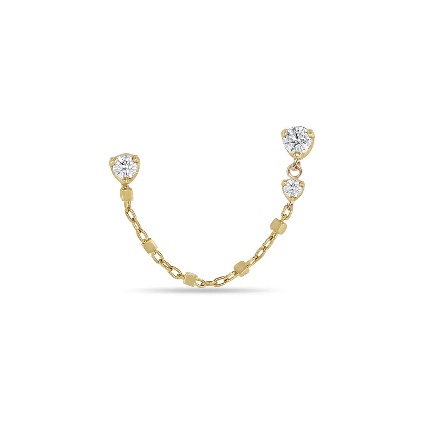 14K Gold Two Diamond Stud with Square Bead Chain Drop &amp; Single Diamond Stud - Peridot Fine Jewelry - Zoe Chicco