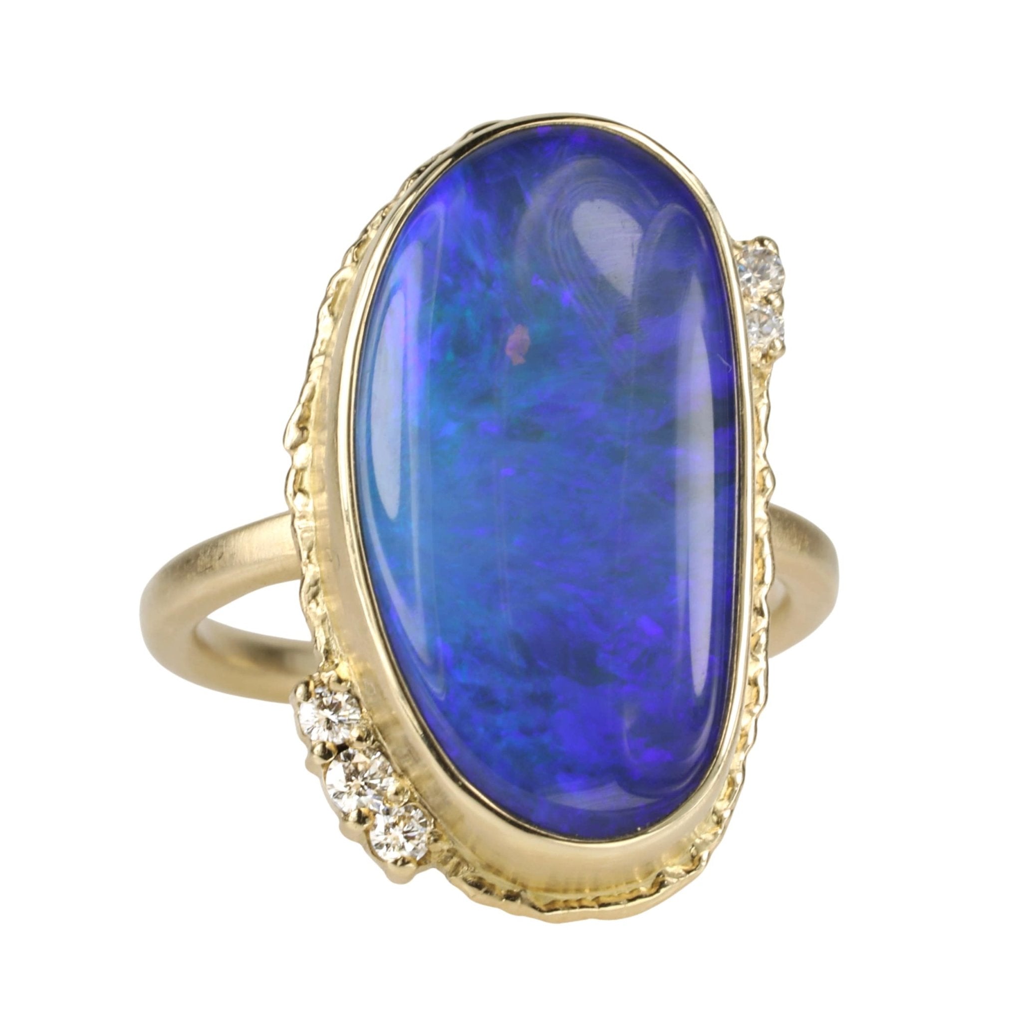 14K Gold Vertical Asymmetrical Australian Opal Ring with Diamonds - Peridot Fine Jewelry - Jamie Joseph