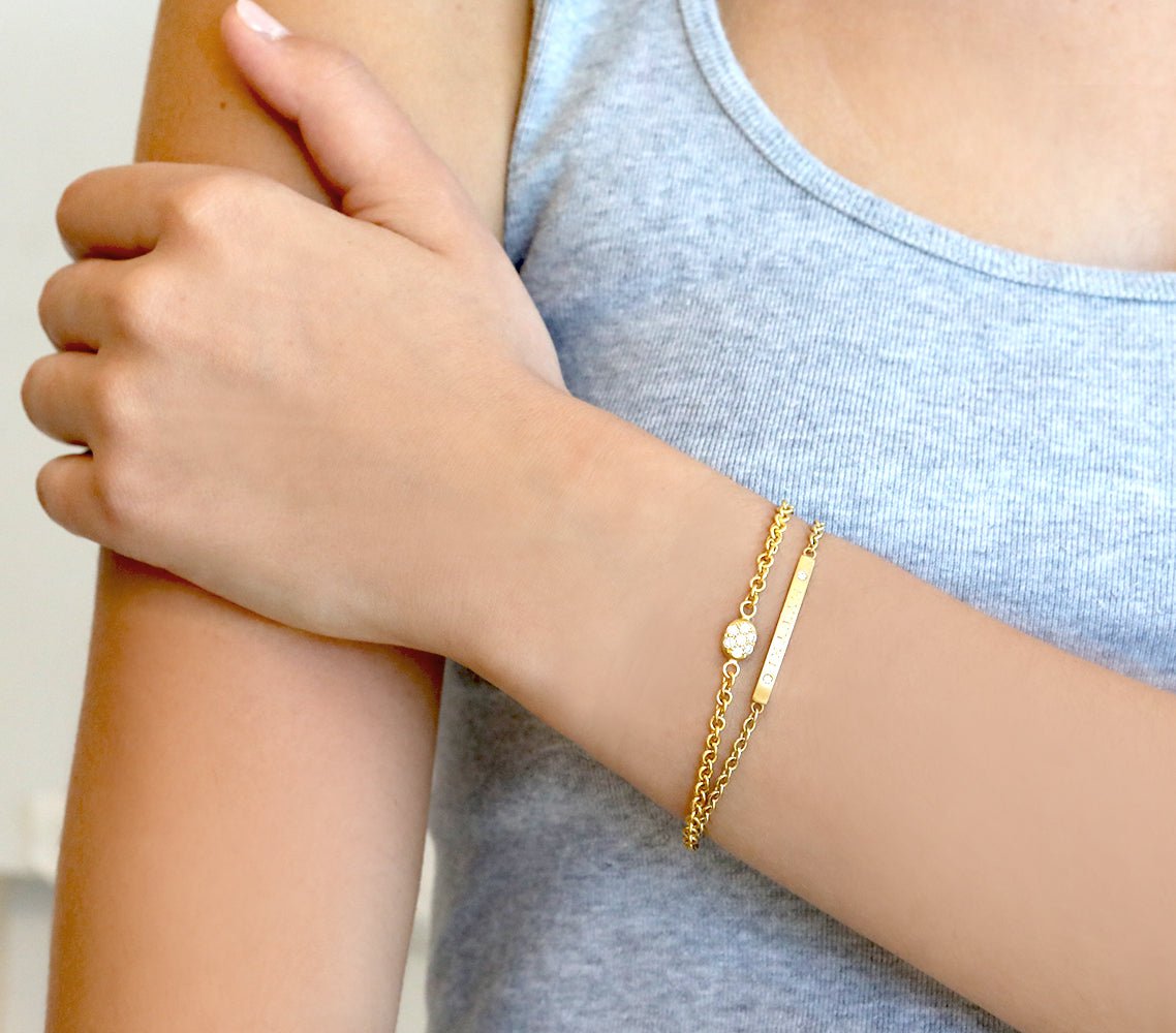 18 &amp; 20K Gold Bar Bracelet with Hand Engraved Lettering and Diamonds - Peridot Fine Jewelry - Caroline Ellen