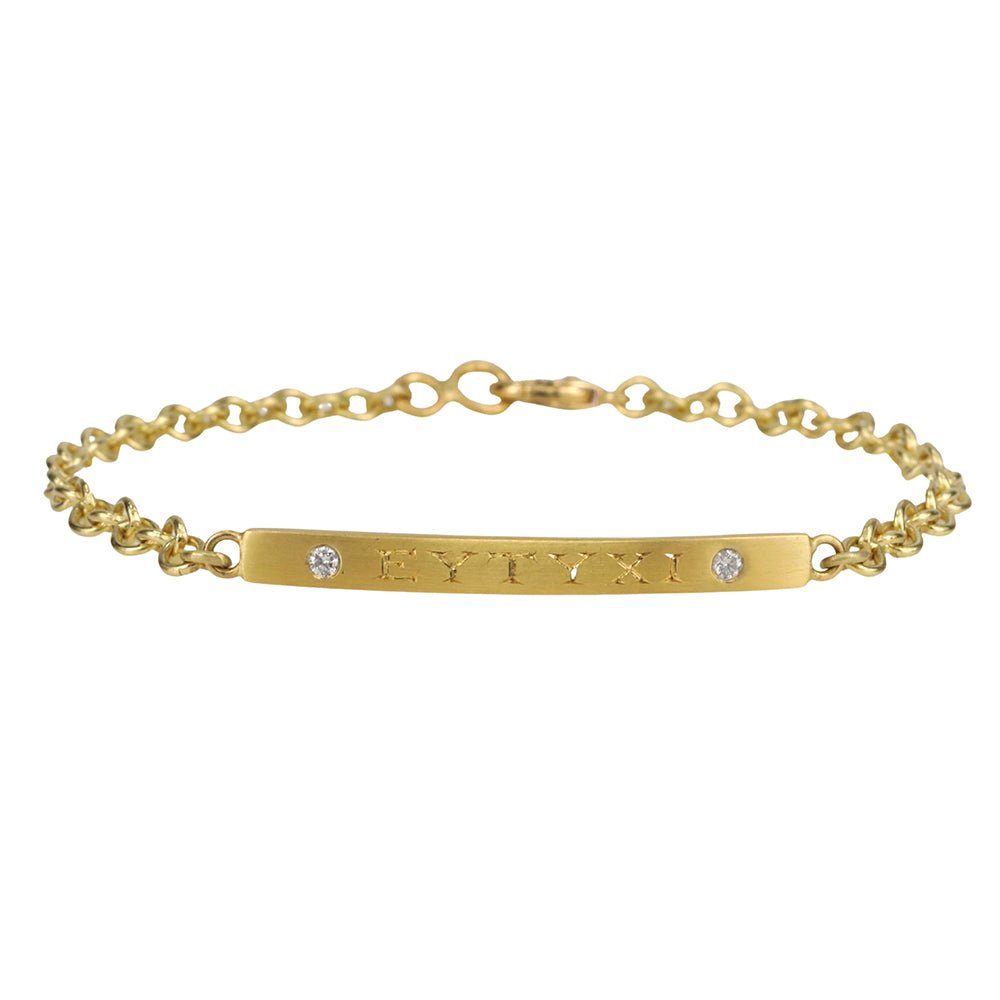 18 &amp; 20K Gold Bar Bracelet with Hand Engraved Lettering and Diamonds - Peridot Fine Jewelry - Caroline Ellen