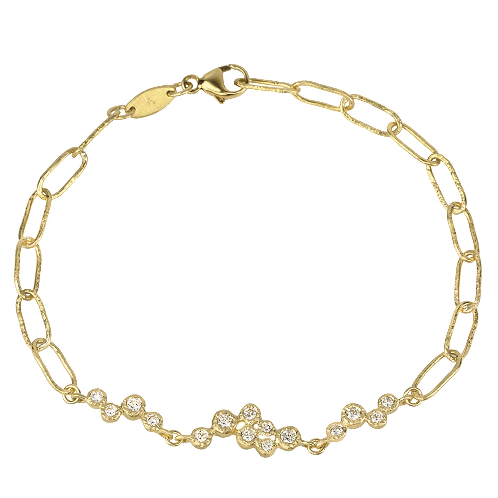 18 Karat Yellow Gold Bubble Chain Bracelet with Three Bezel Set Diamond Clusters - Peridot Fine Jewelry - Yasuko Azuma