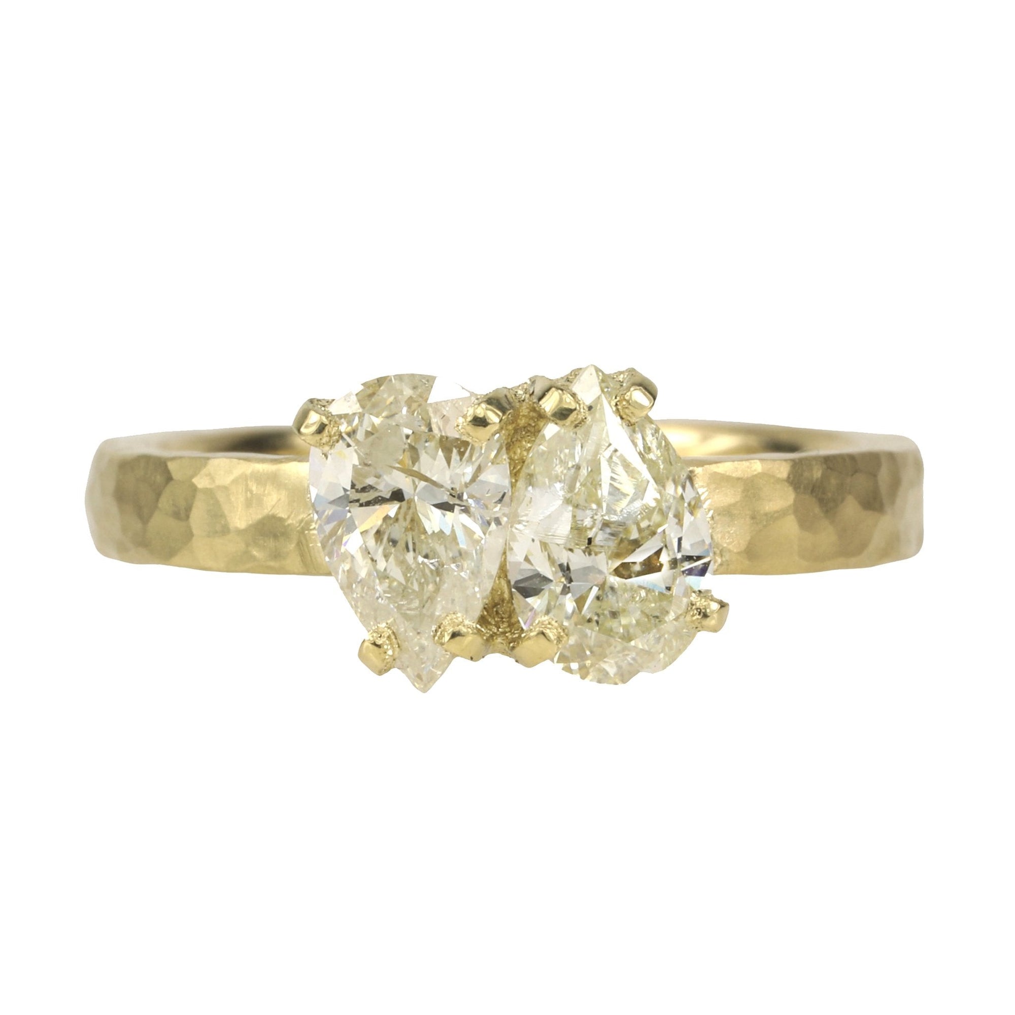 TAP by Todd Pownell 18 Karat Yellow Gold Hammered Band with Two Pear Shaped Diamonds