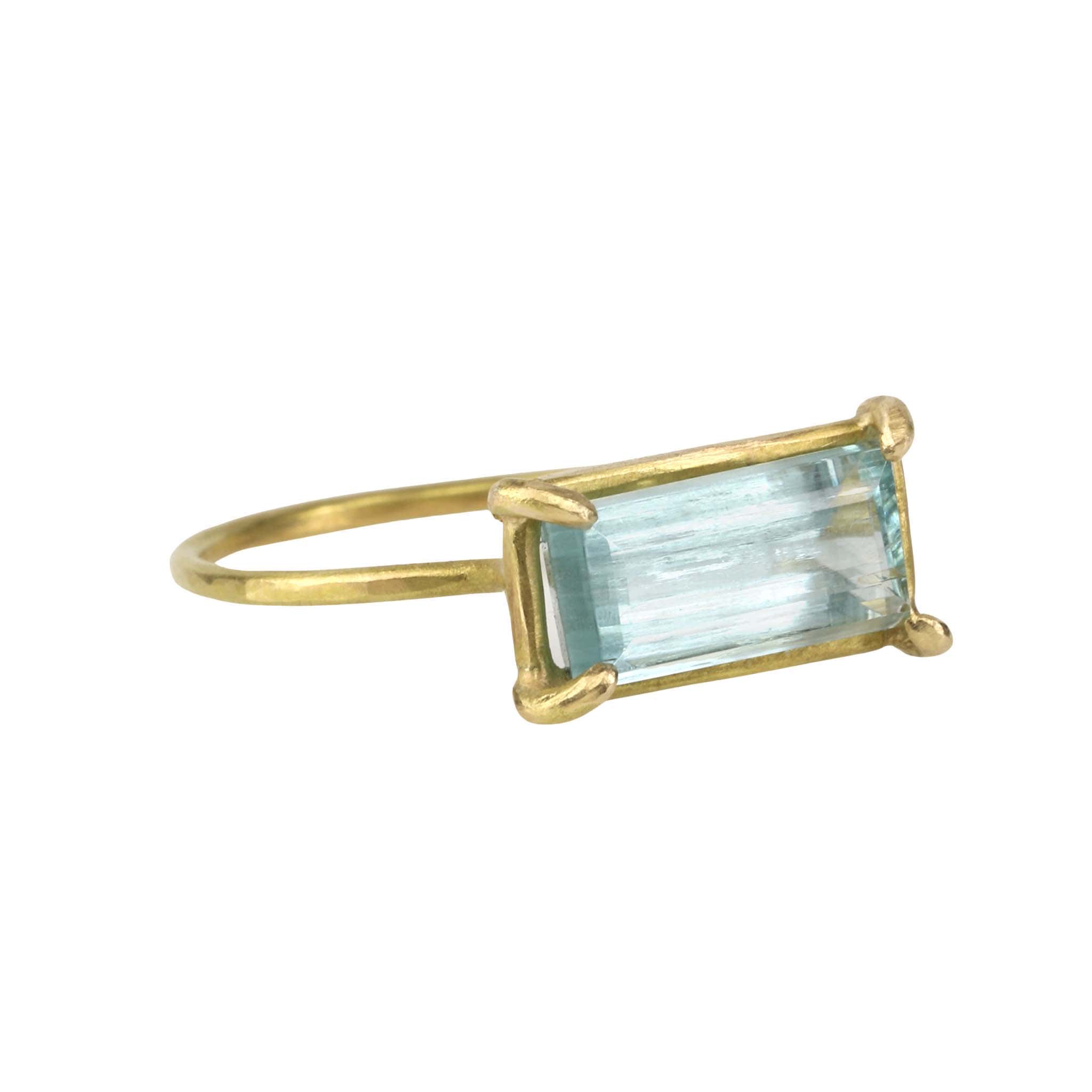 18 Karat Yellow Gold Prong-Set Emerald Cut Aquamarine "Mini Gem" Ring - Peridot Fine Jewelry - Rosanne Pugliese
