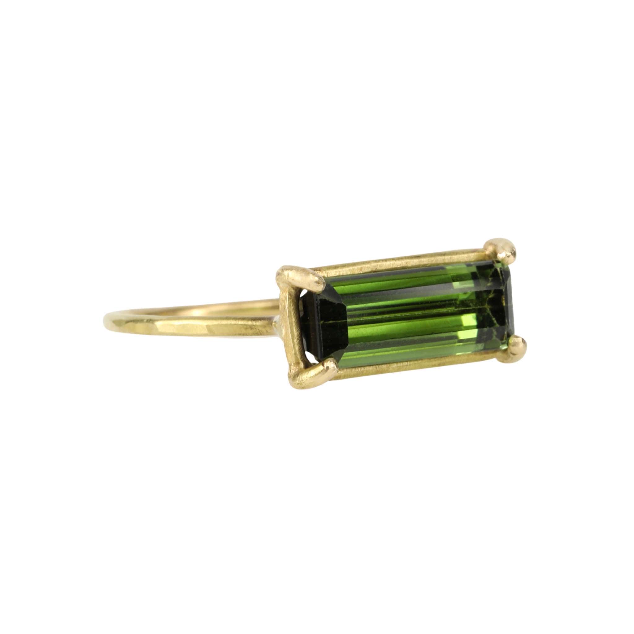 Rosanne Pugliese 18 Karat Yellow Gold Prong-Set Emerald Cut Green Tourmaline &quot;Mini Gem&quot; Ring