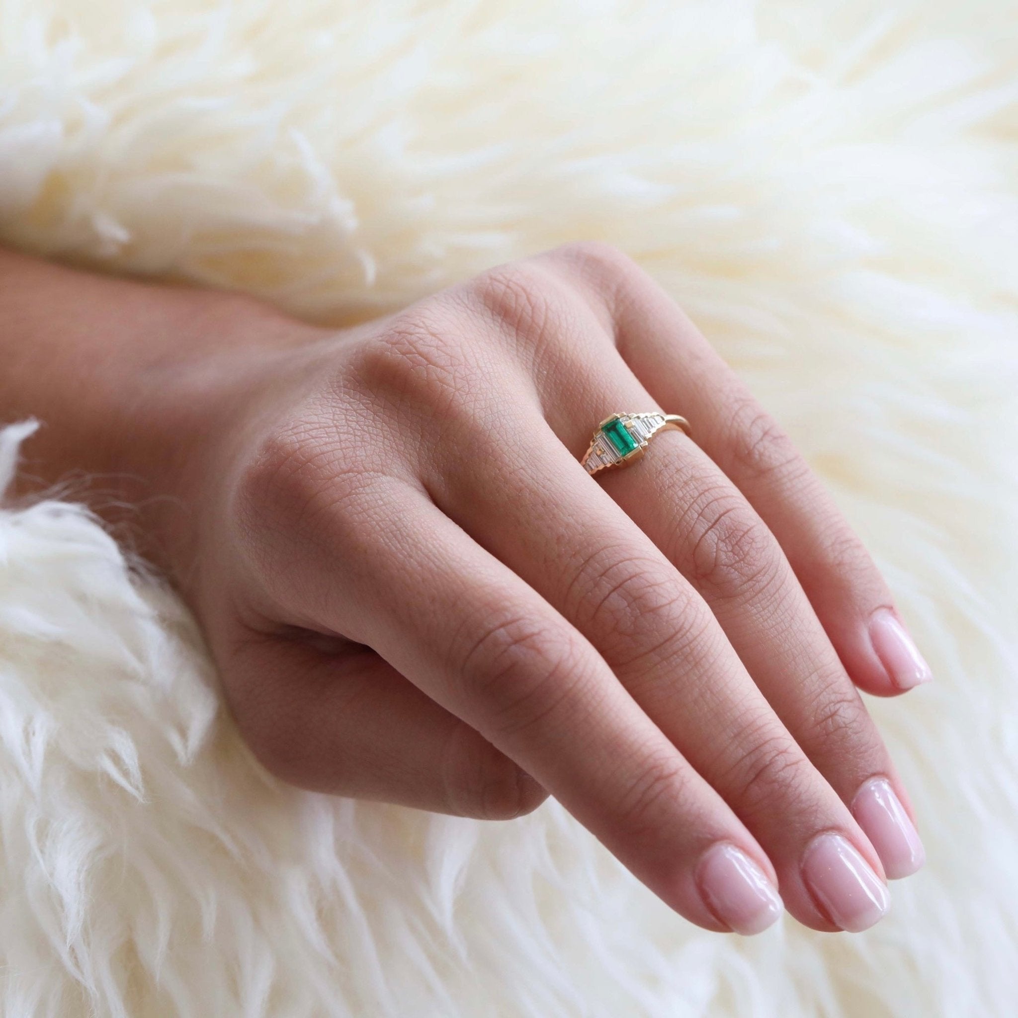 Artemer Emerald Ring with Graduated Needle Baguette Diamonds