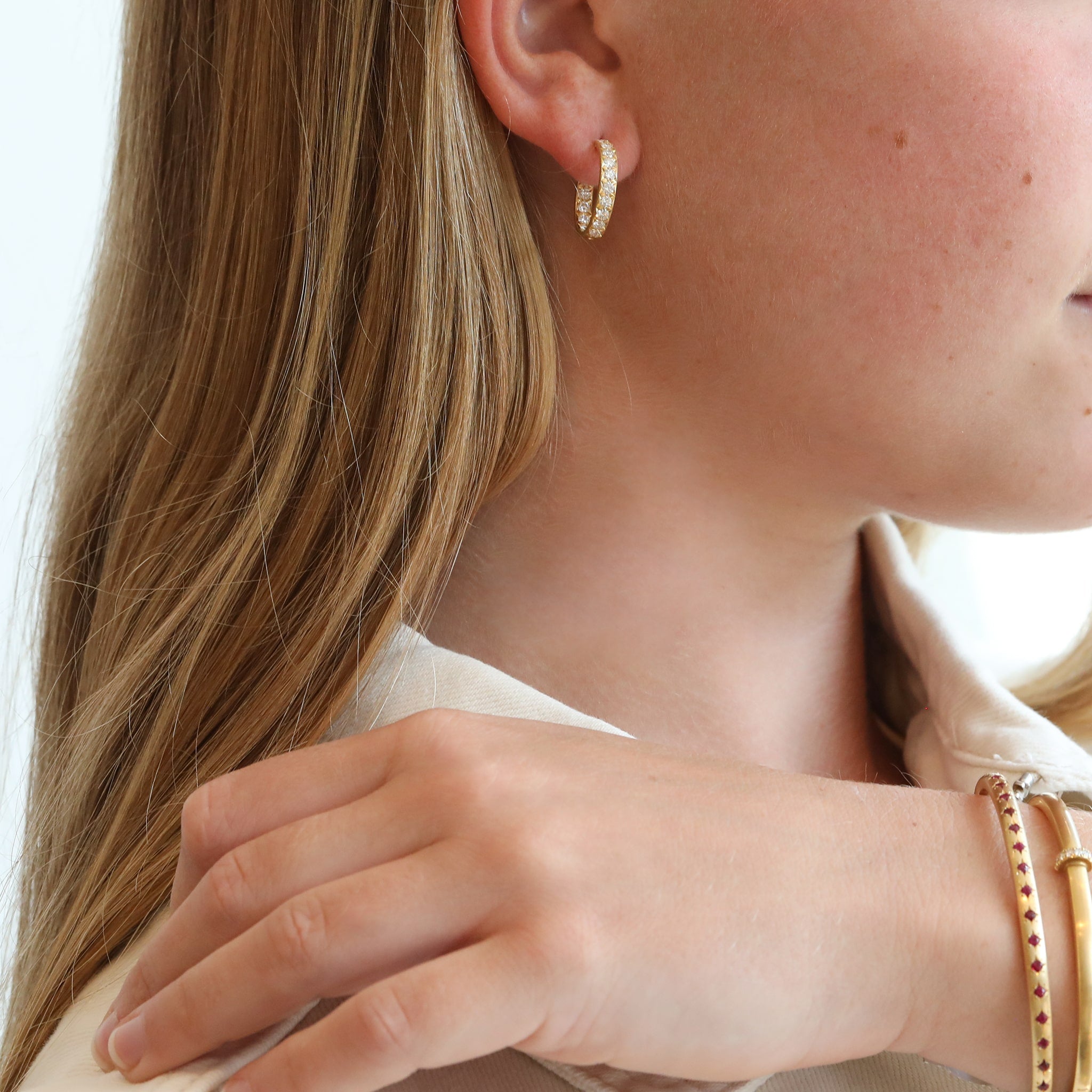 Caroline Ellen Larger Gold and Pave Diamond Hoop Earrings