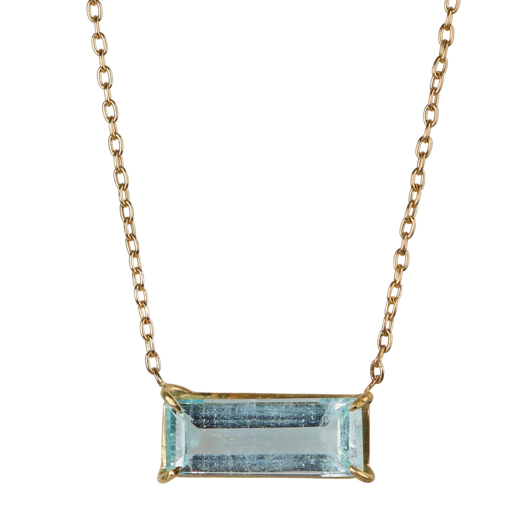 18K Gold Aquamarine Bar Pendant Necklace on 14K Gold Chain - Peridot Fine Jewelry - Rosanne Pugliese
