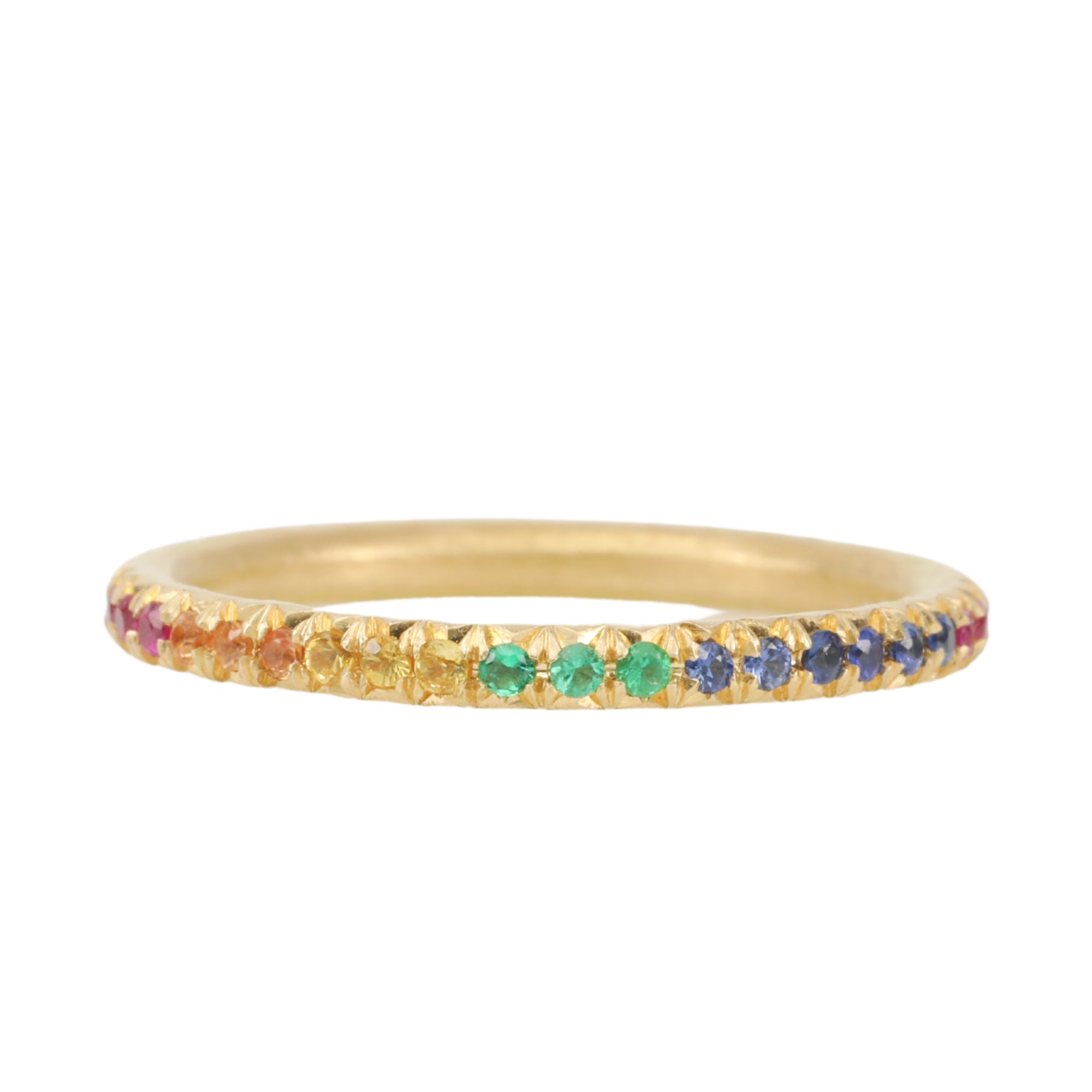 Annie Fensterstock 18K Gold Band with Rainbow Sapphire and Emeralds