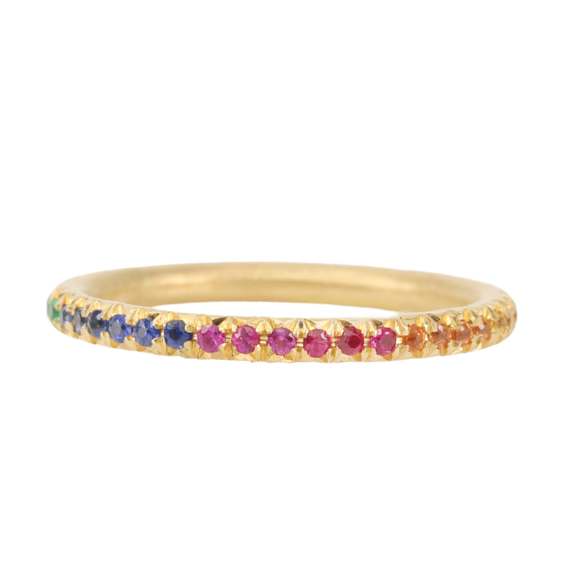 Annie Fensterstock 18K Gold Band with Rainbow Sapphire and Emeralds