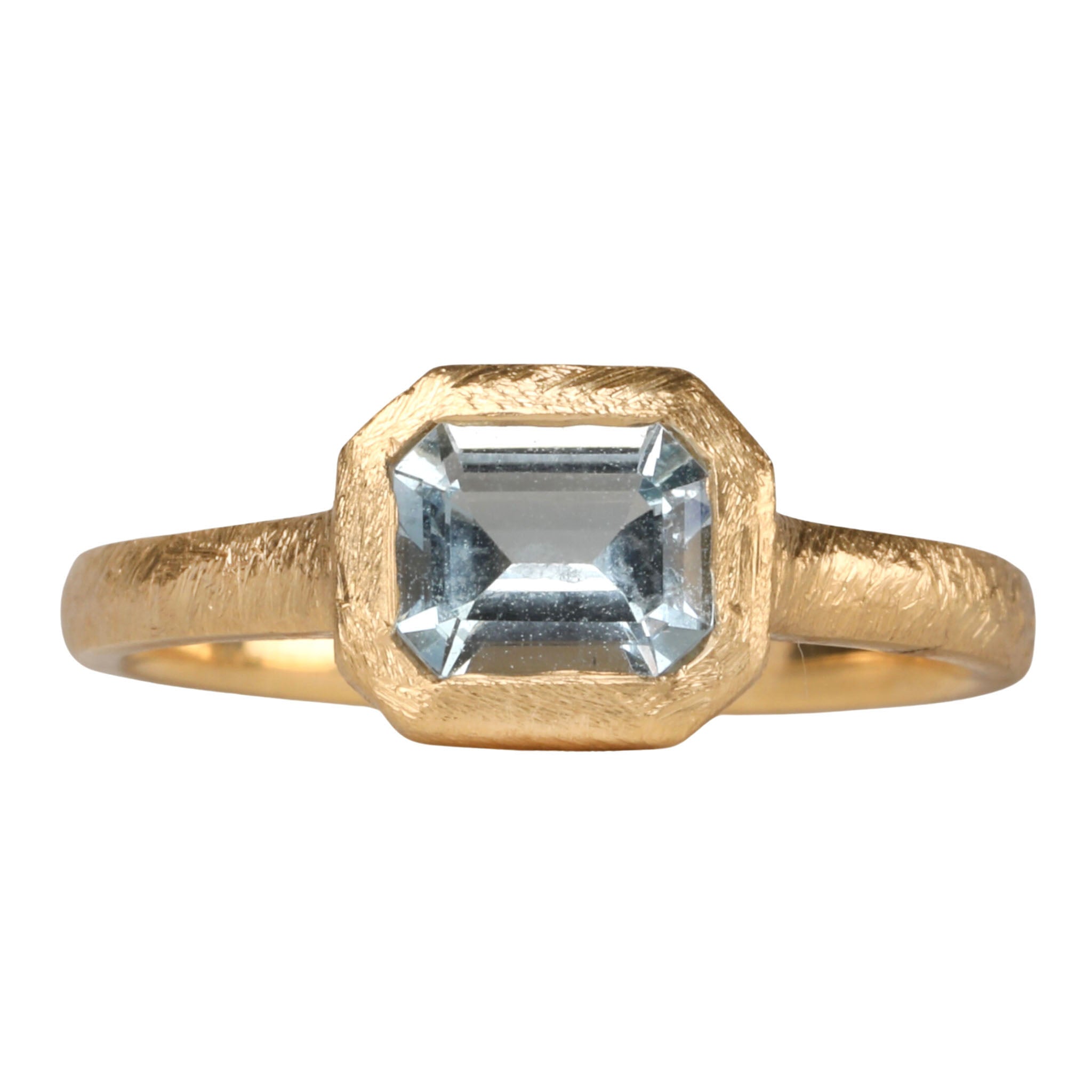 18K Gold Bezel-Set Emerald Cut Aquamarine Ring - Peridot Fine Jewelry - Anne Sportun