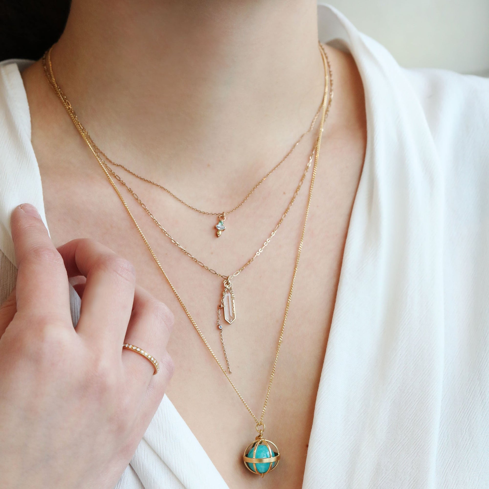 18K Gold &quot;Cage&quot; Pendant with Amazonite Ball - Peridot Fine Jewelry - Anne Sportun