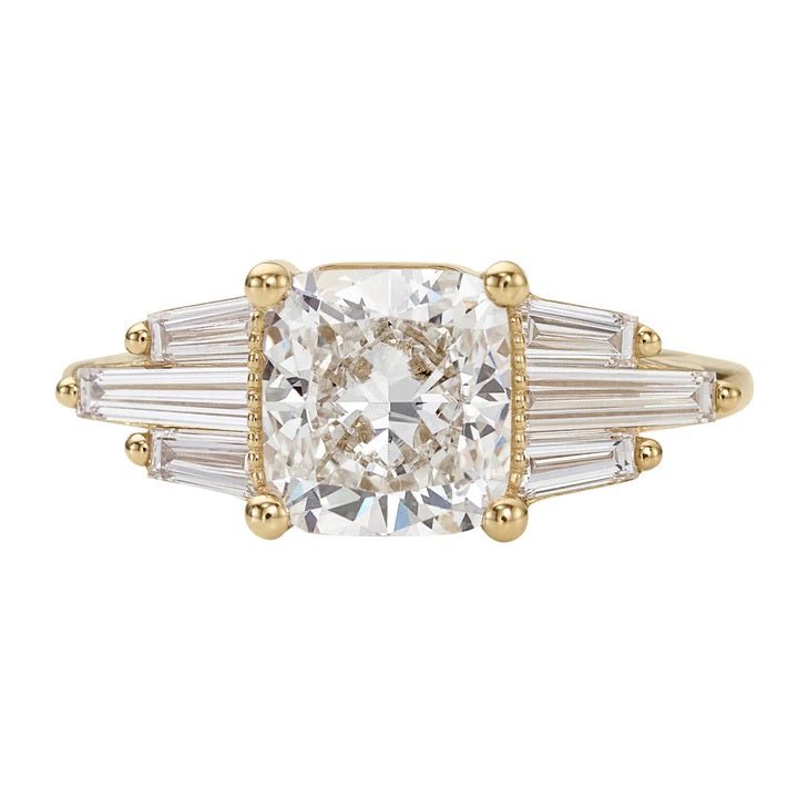 Artemer 18K Gold Cushion-Shaped Diamond Ring with Baguette &quot;Wings&quot;