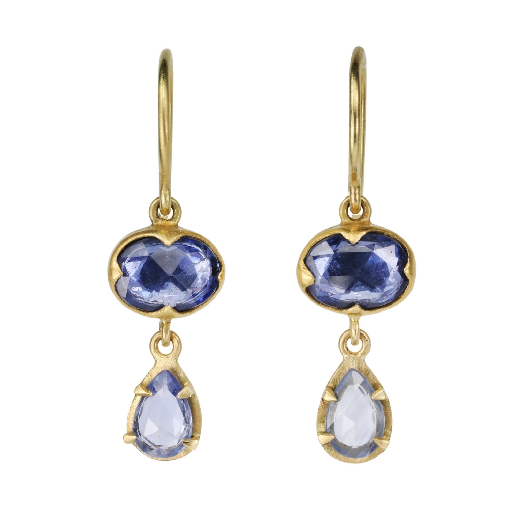 Annie Fensterstock Gold Double Drop Earrings with Blue Sapphires