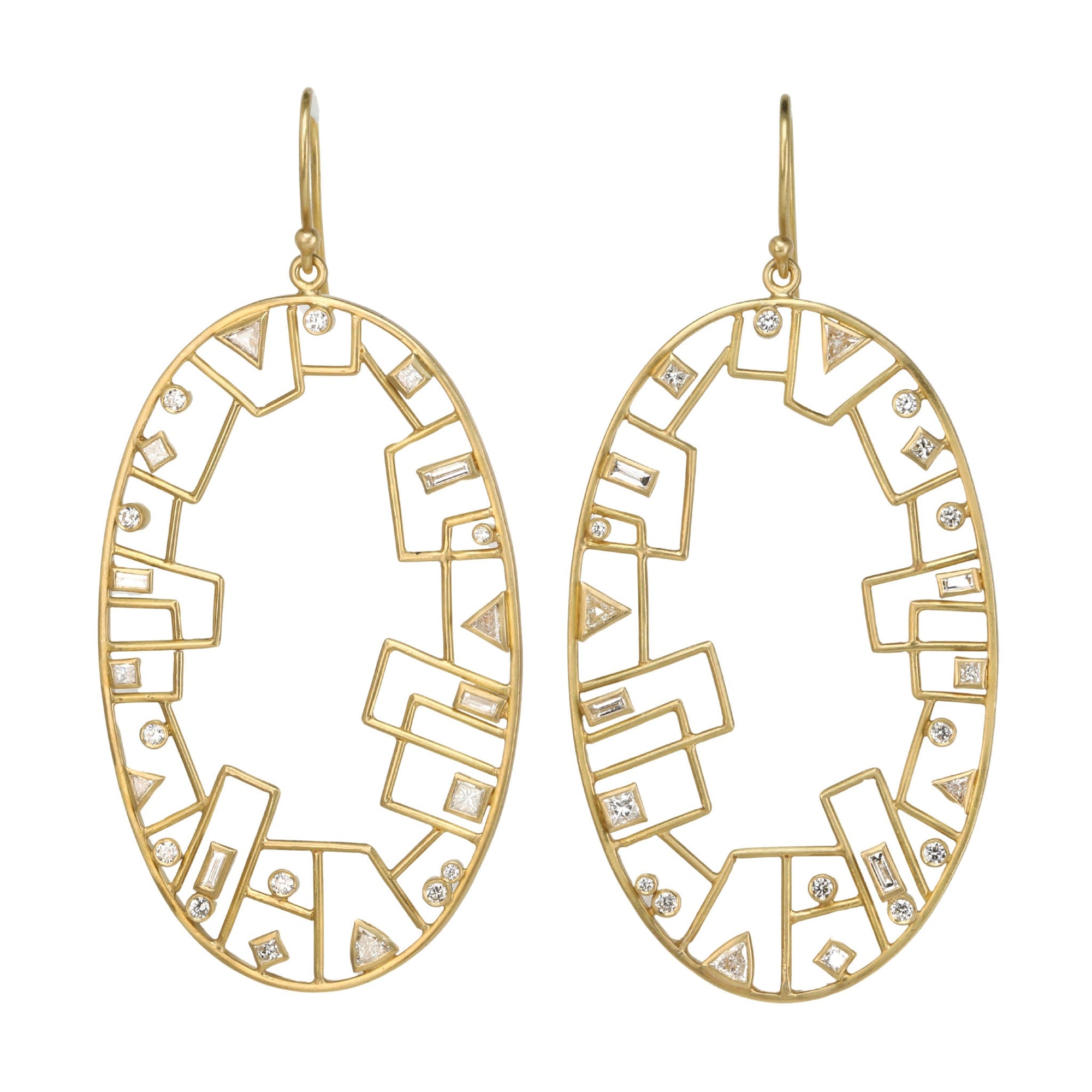 18K Gold &quot;Large Grid Skyline&quot; Front-Facing Hoops with Diamonds - Peridot Fine Jewelry - Kothari