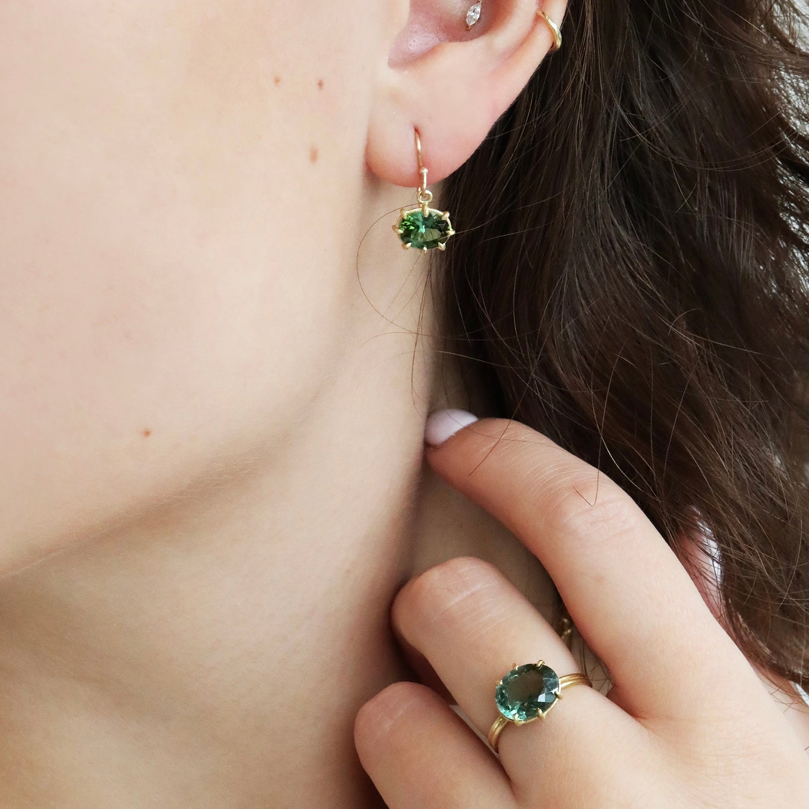 18K Gold Mini Oval Prong-Set Green Tourmaline Earrings - Peridot Fine Jewelry - Rosanne Pugliese