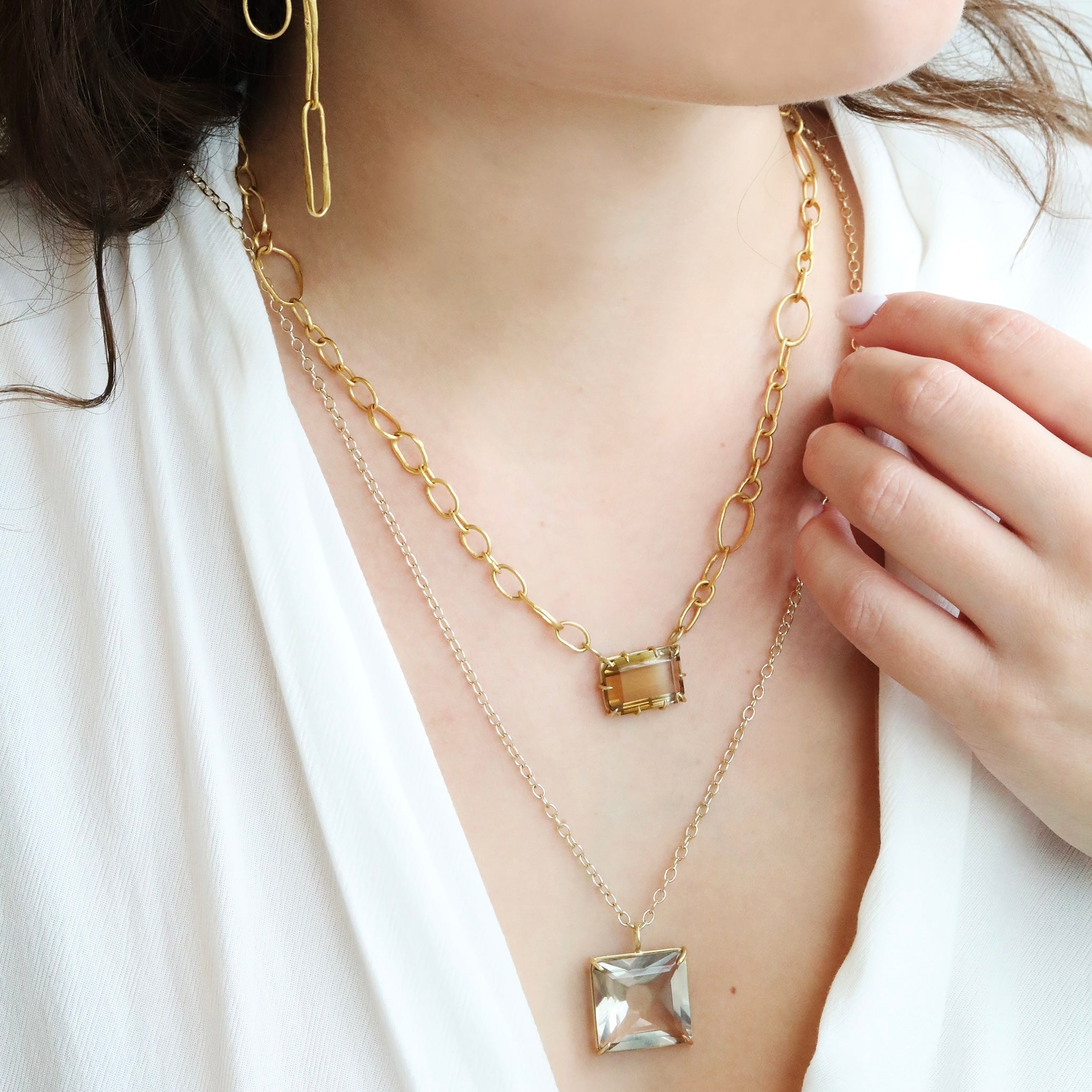 18K Gold Ombre Citrine Pendant on 22K Gold &quot;Random&quot; Link Chain - Peridot Fine Jewelry - Rosanne Pugliese