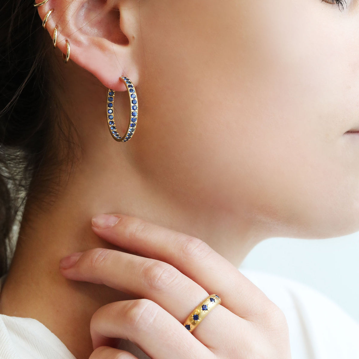 18K Gold &amp; Pave Blue Sapphire Hoop Earrings - Peridot Fine Jewelry - Caroline Ellen