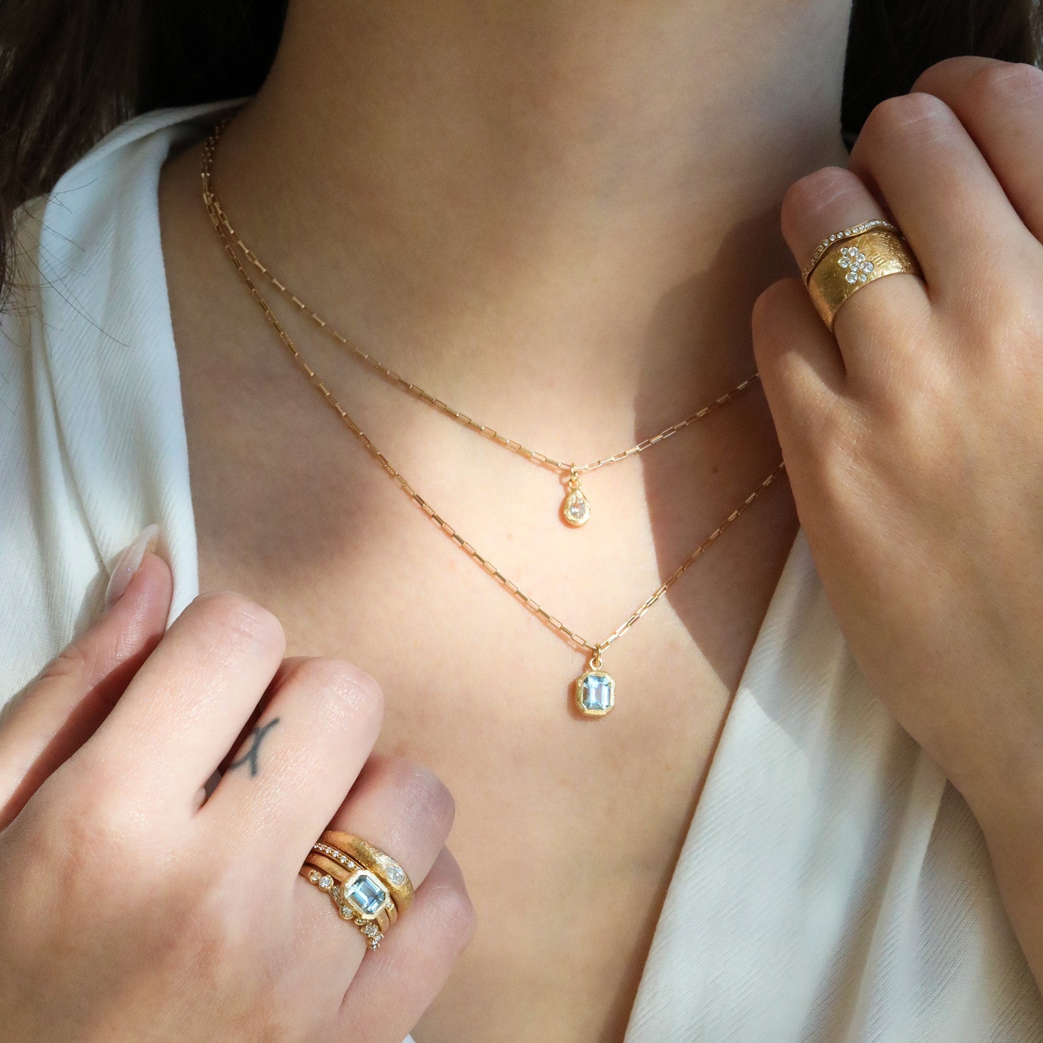 18K Gold Pear-Shaped Aquamarine &quot;Boulder&quot; Pendant on 14K Gold Elongated Box Chain - Peridot Fine Jewelry - Anne Sportun