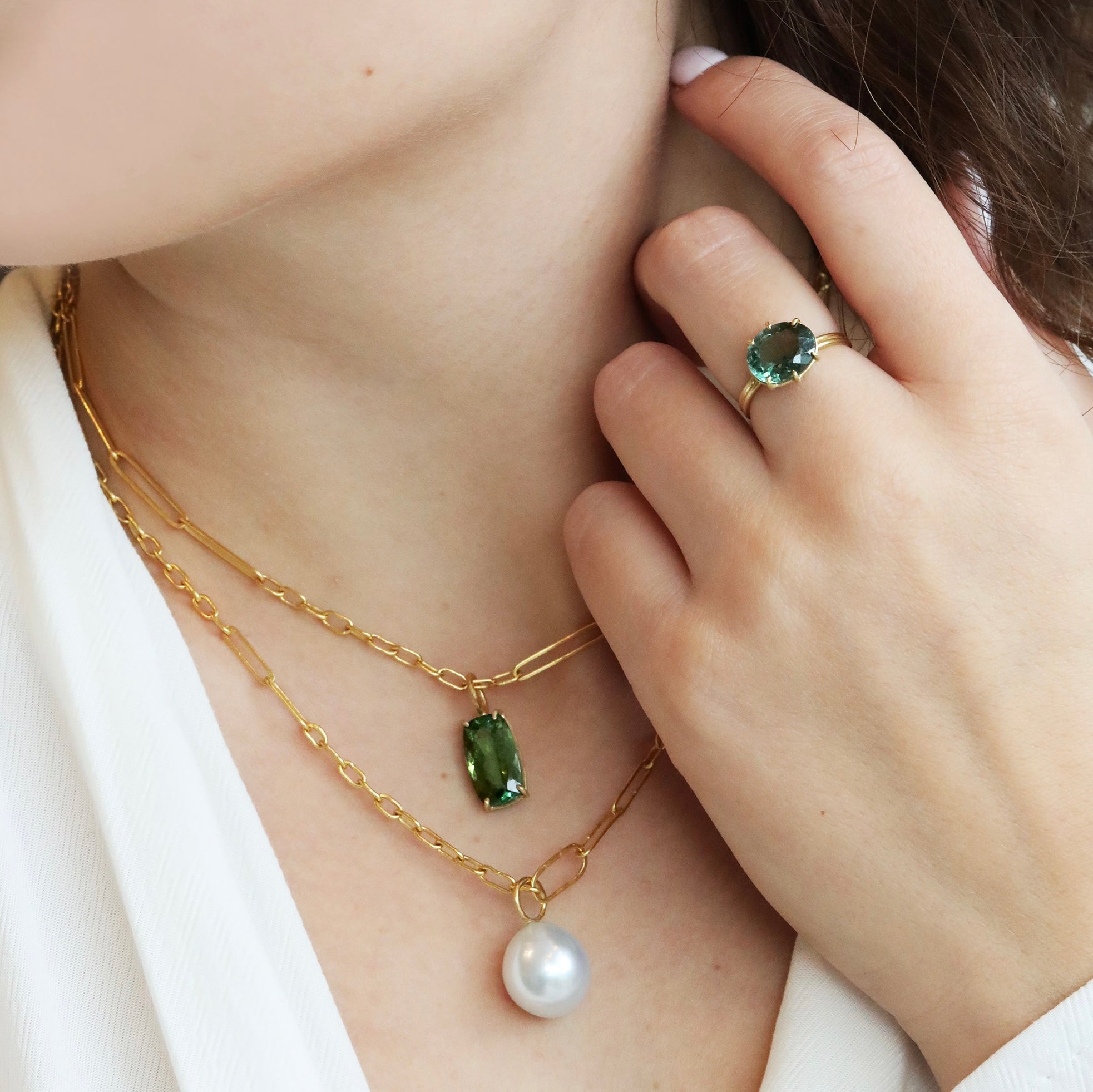 18K Gold Prong-Set Cushion-Cut Green Tourmaline Pendant - Peridot Fine Jewelry - Rosanne Pugliese